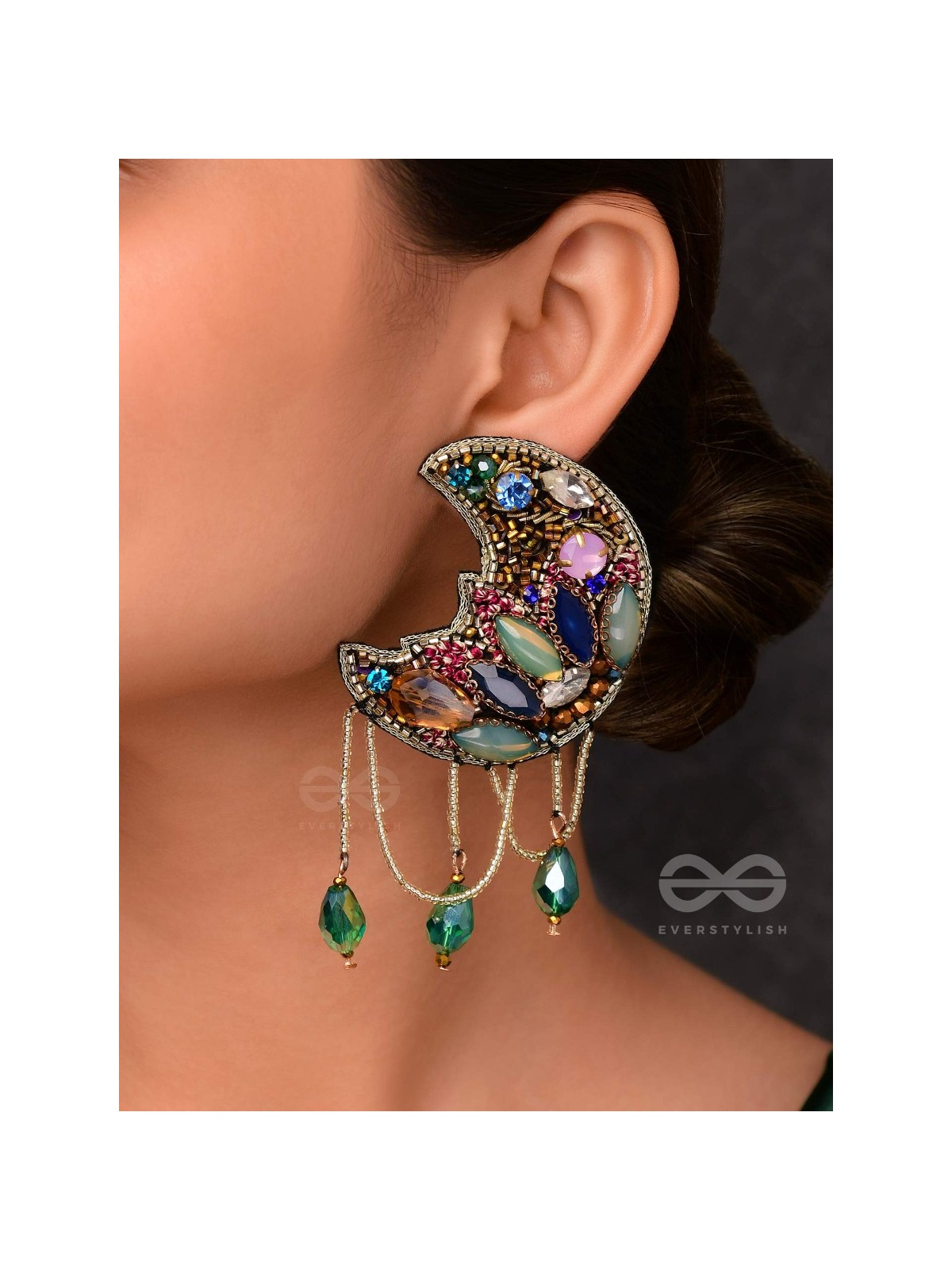 KIRANMAYI - THE MOON RAYS - CUT DANA, GLASS DROP AND STONE EMBROIDERED EARRINGS (MULTICOLOR)