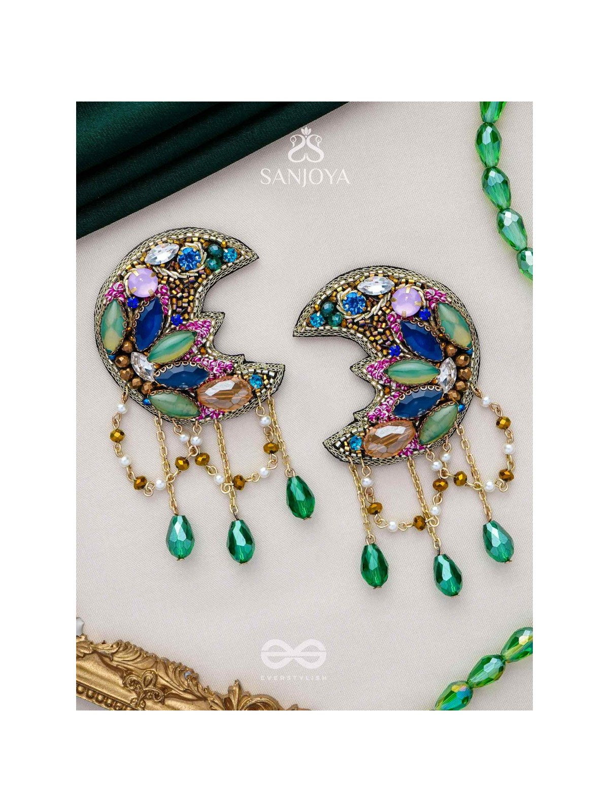 KIRANMAYI - THE MOON RAYS - CUT DANA, GLASS DROP AND STONE EMBROIDERED EARRINGS (MULTICOLOR)