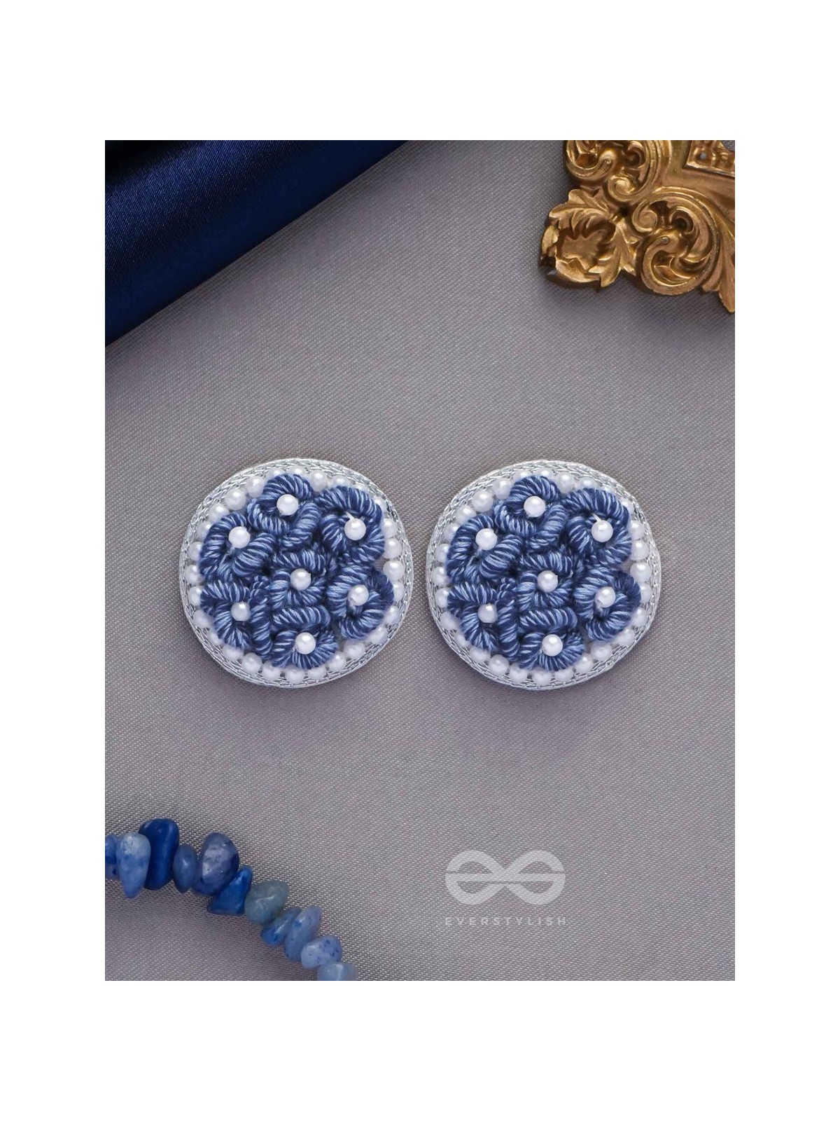 VARALI - THE LUSH MEADOW - PEARL AND THREAD EMBROIDERED EARRINGS (BLUE)