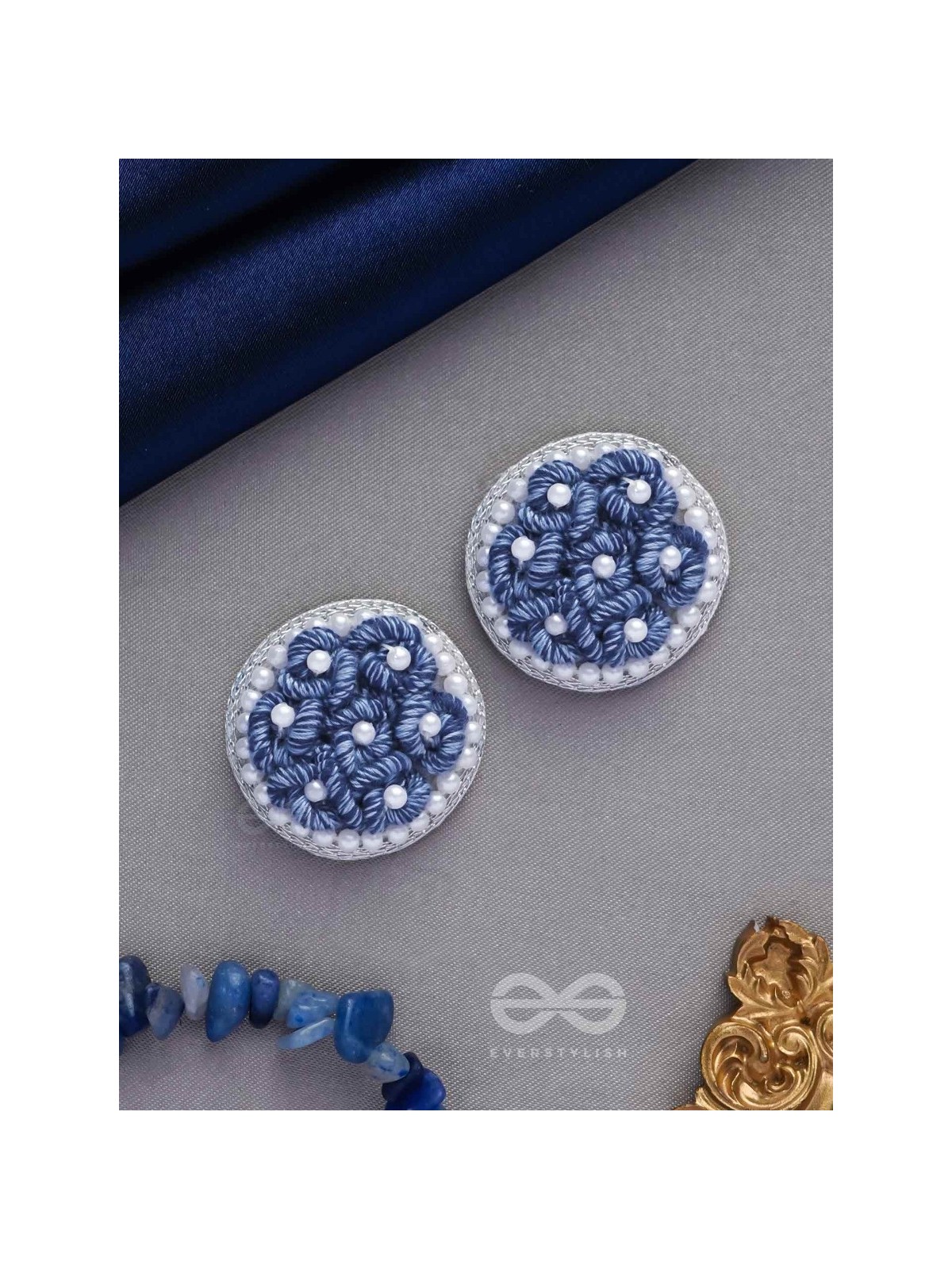 VARALI - THE LUSH MEADOW - PEARL AND THREAD EMBROIDERED EARRINGS (BLUE)