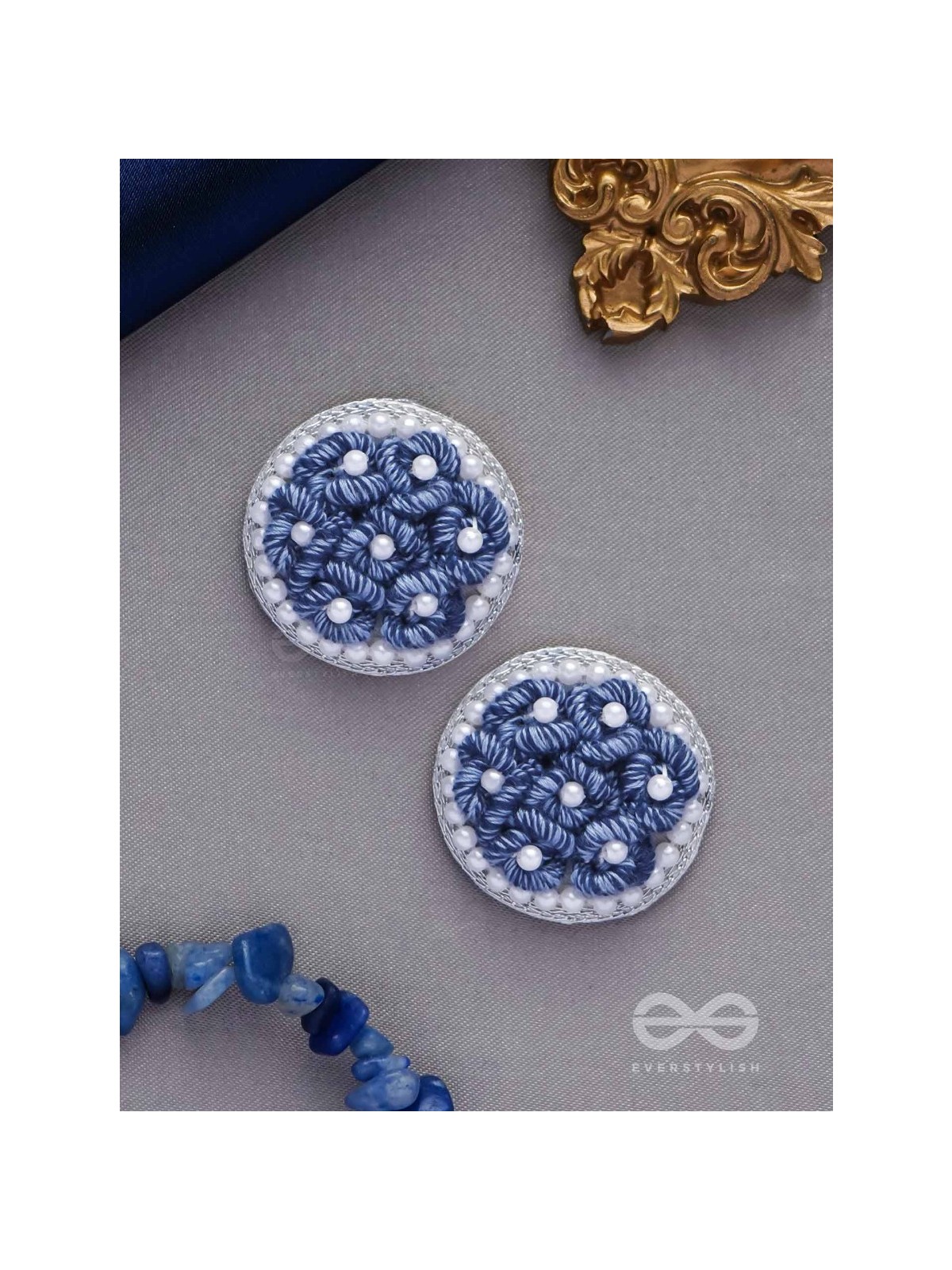 VARALI - THE LUSH MEADOW - PEARL AND THREAD EMBROIDERED EARRINGS (BLUE)