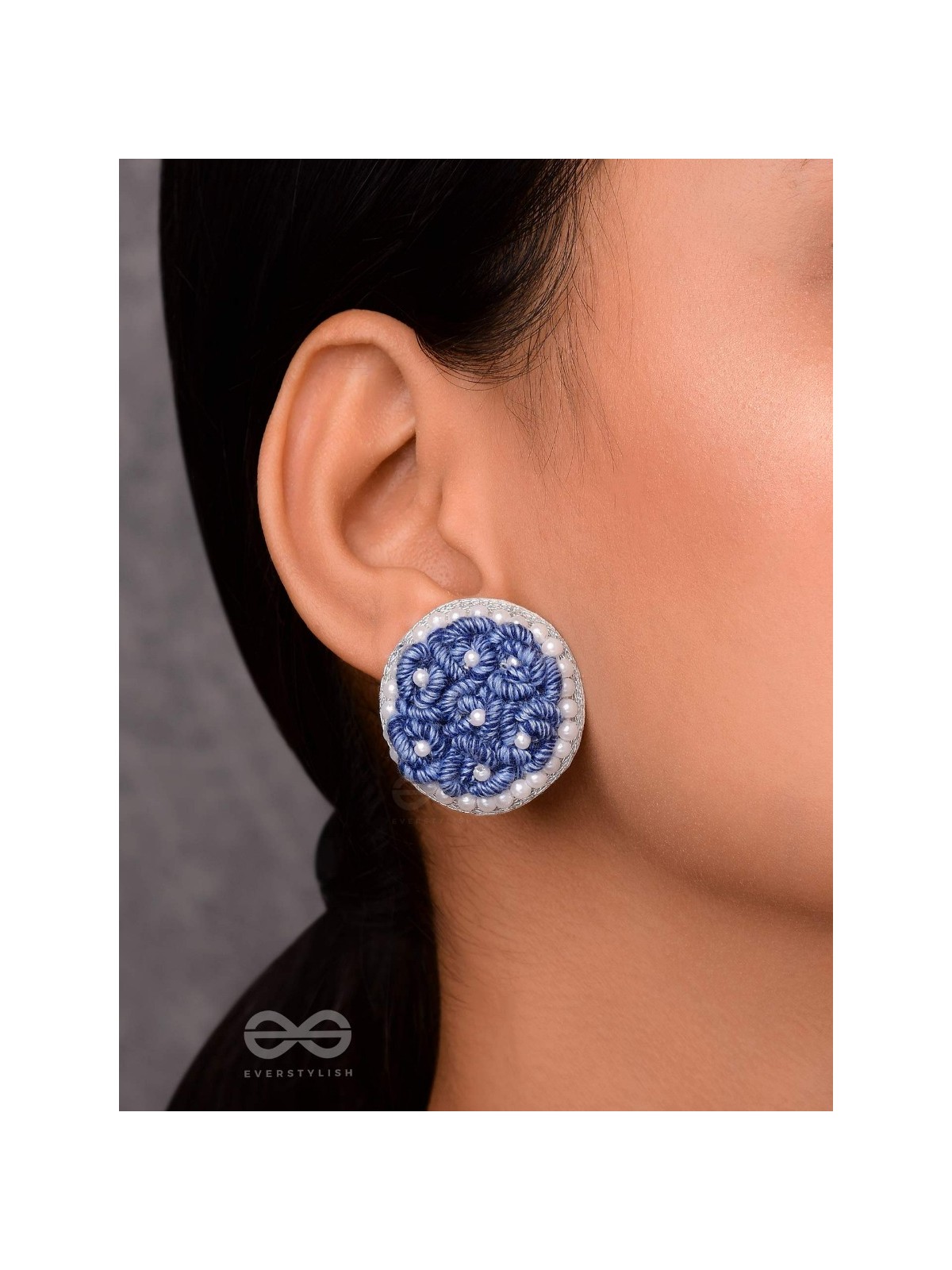 VARALI - THE LUSH MEADOW - PEARL AND THREAD EMBROIDERED EARRINGS (BLUE)