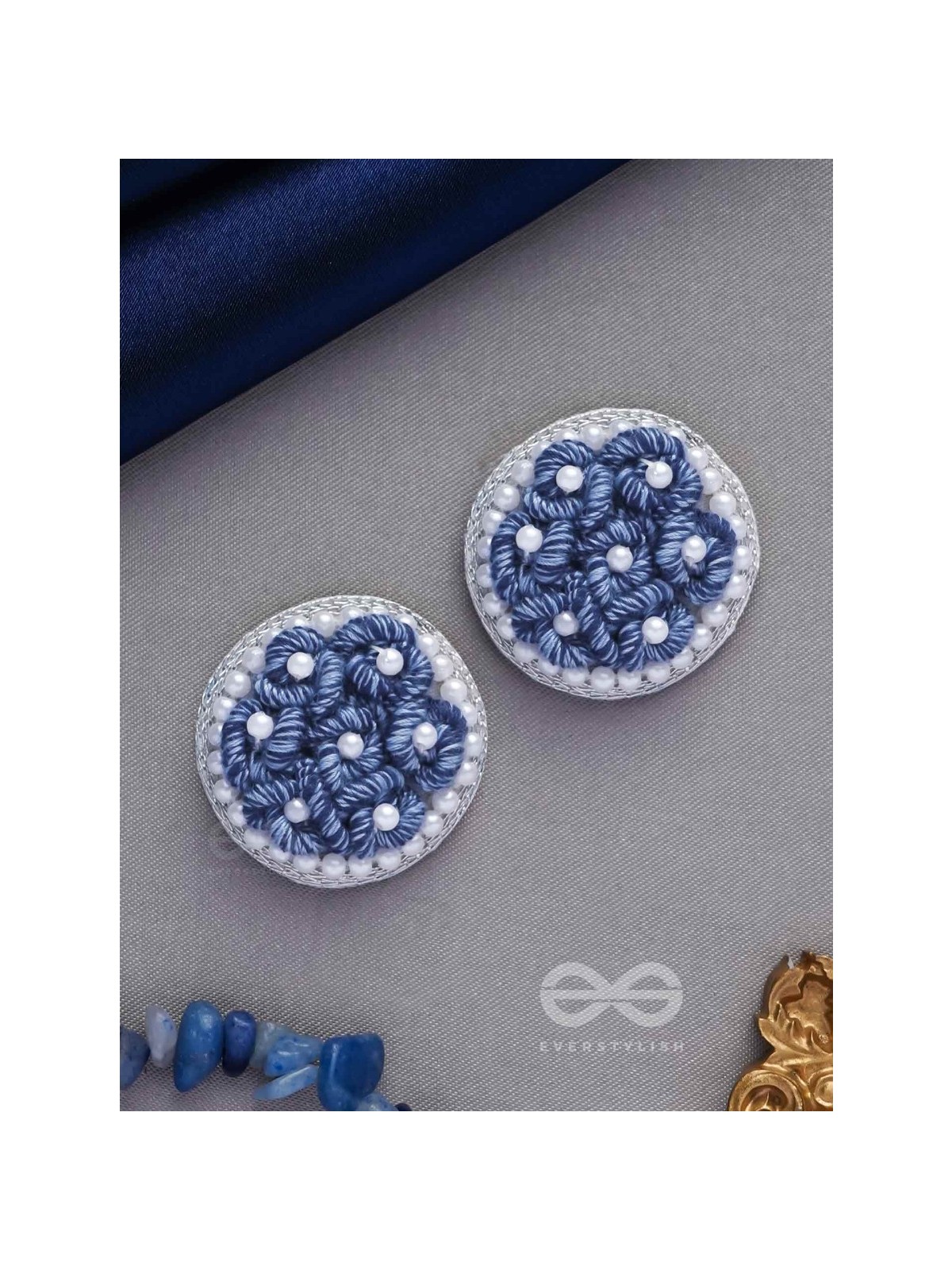 VARALI - THE LUSH MEADOW - PEARL AND THREAD EMBROIDERED EARRINGS (BLUE)