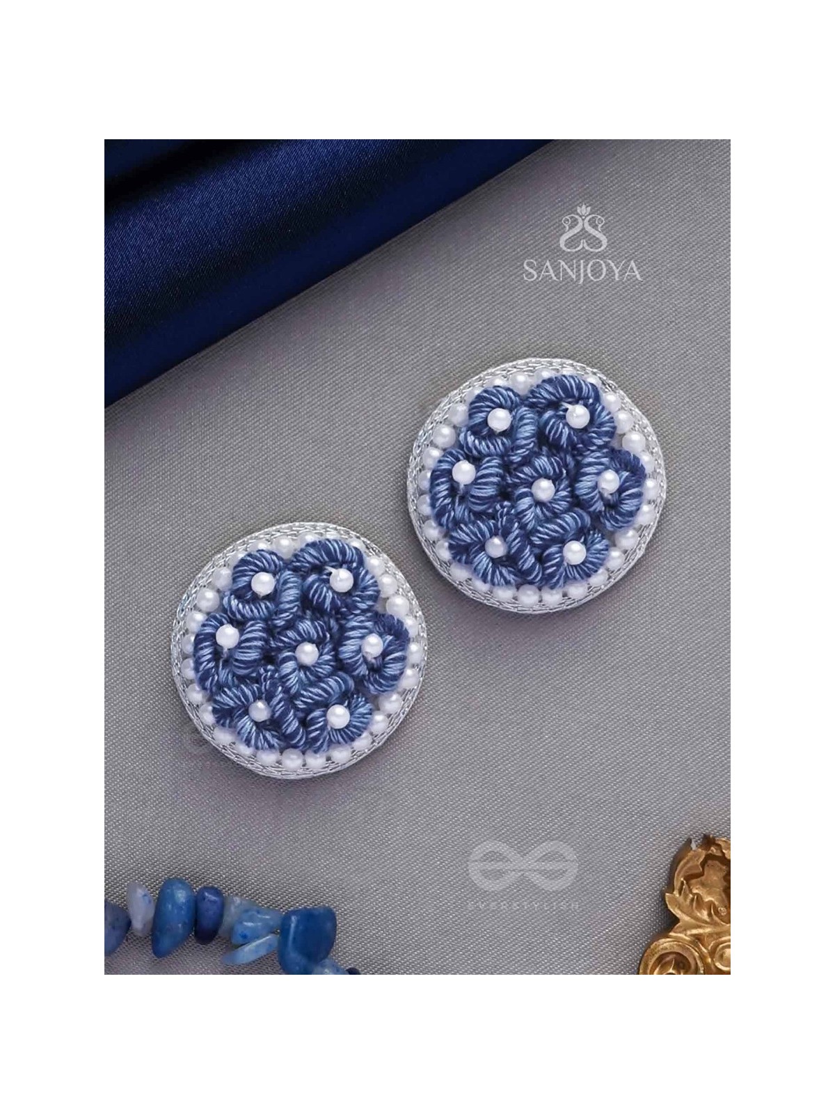 VARALI - THE LUSH MEADOW - PEARL AND THREAD EMBROIDERED EARRINGS (BLUE)