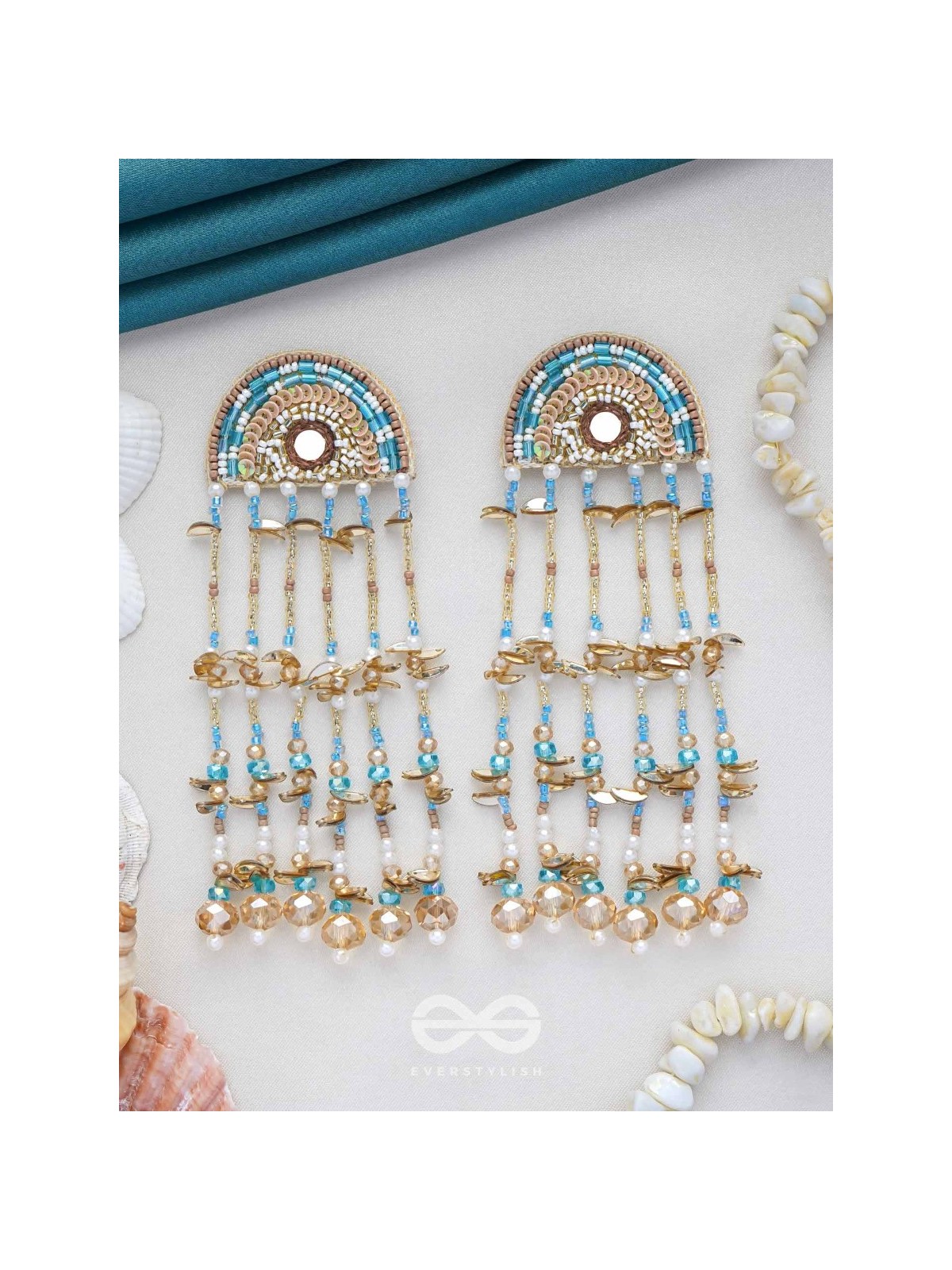 Ambudhara - The Rainstream - Sequins, Beads And Mirror Hand Embroidered Earrings (Blue & Gold)