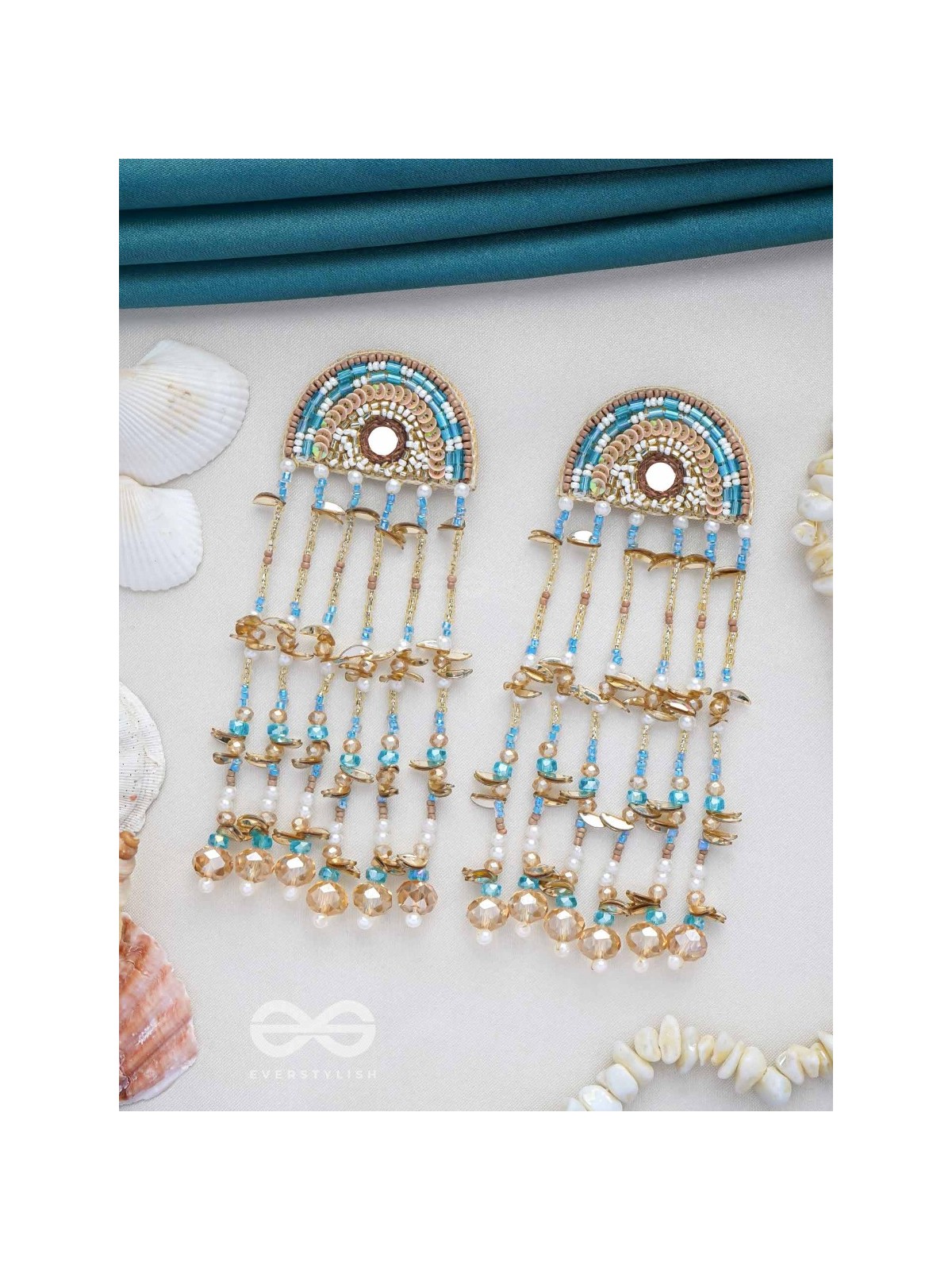 Ambudhara - The Rainstream - Sequins, Beads And Mirror Hand Embroidered Earrings (Blue & Gold)
