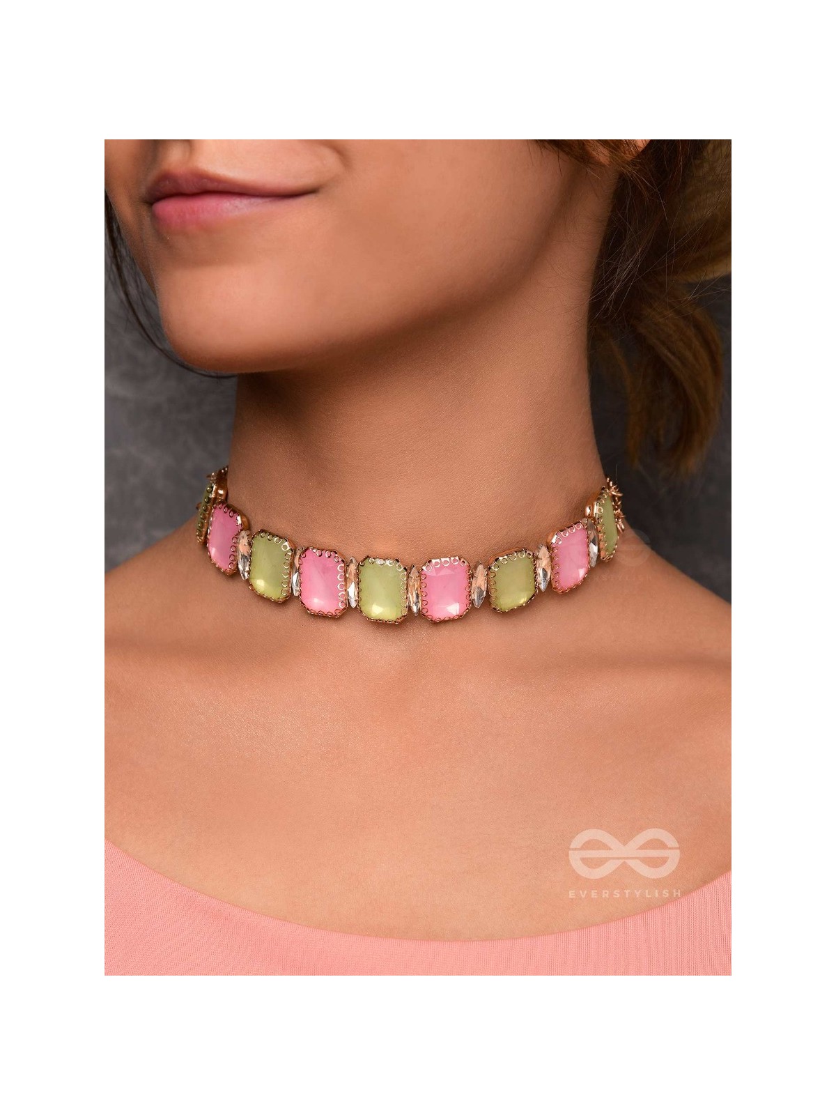 The Tropical Blush - Statement Choker Neckpiece With Anti-Tarnish Coating (Pink & Green)
