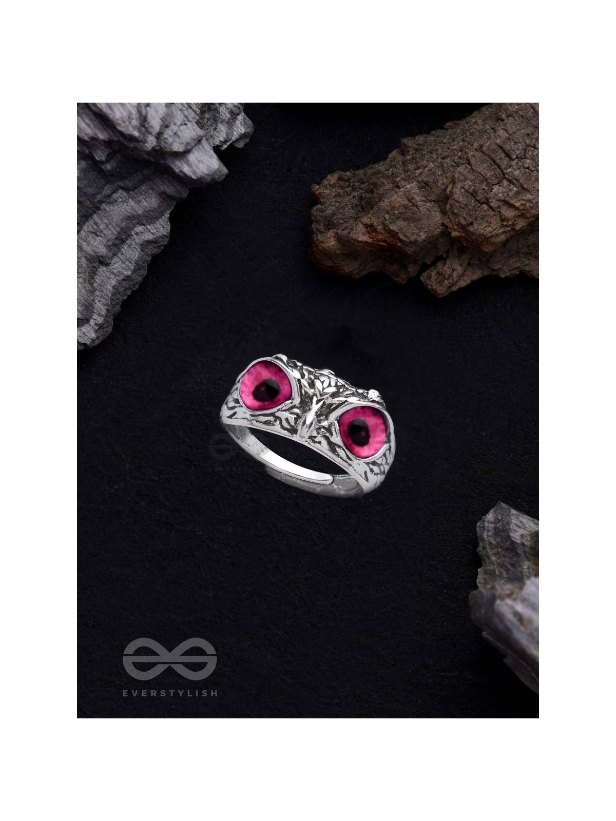 A KNOW-IT-OWL - PINK EYED SILVER RING