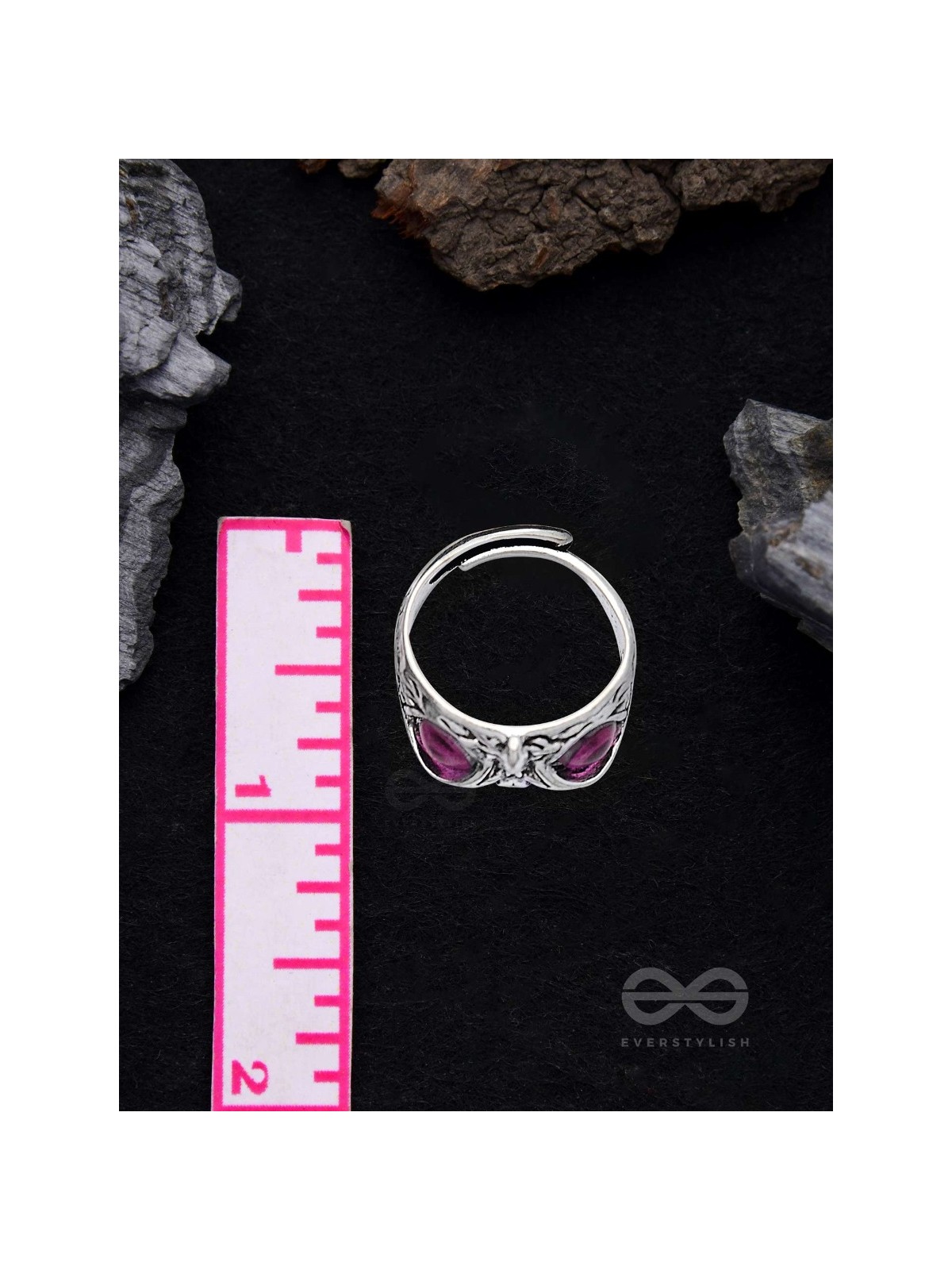 A KNOW-IT-OWL - PINK EYED SILVER RING