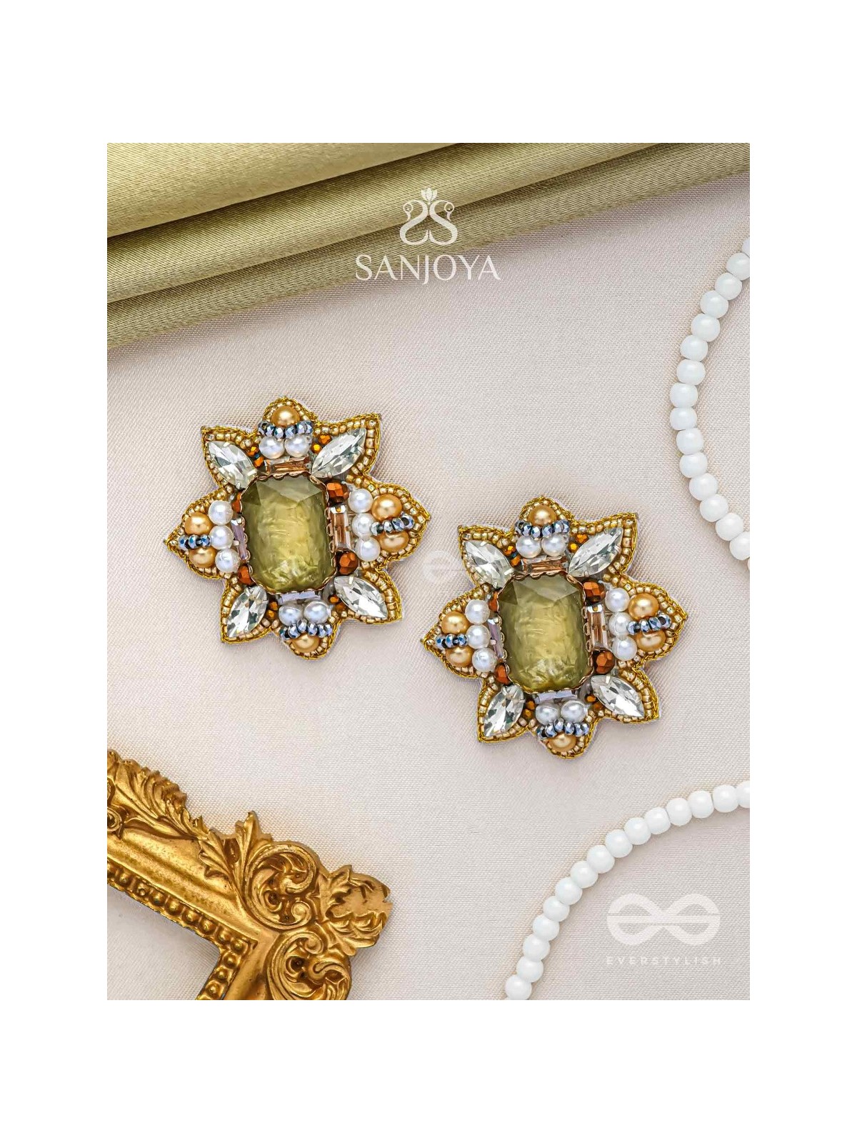 Dyauta -  Star Like Glow - Stone And Beads Hand Embroidered Stud Earrings