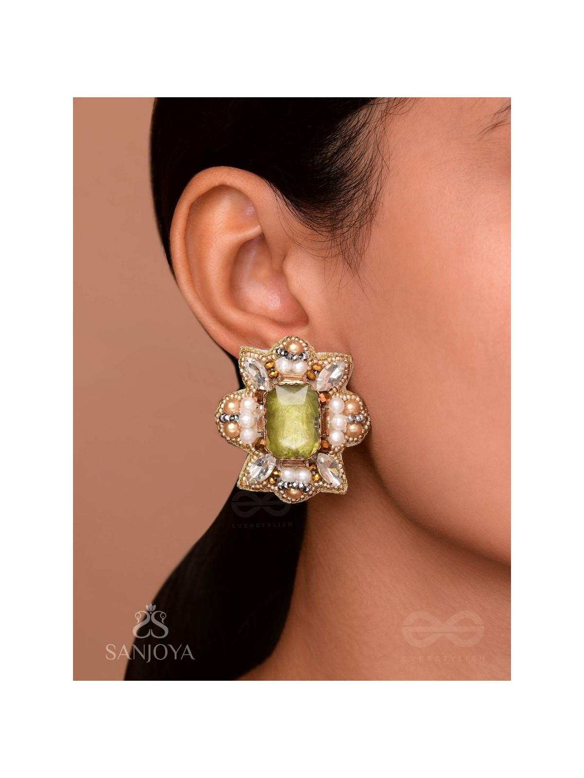 Dyauta -  Star Like Glow - Stone And Beads Hand Embroidered Stud Earrings