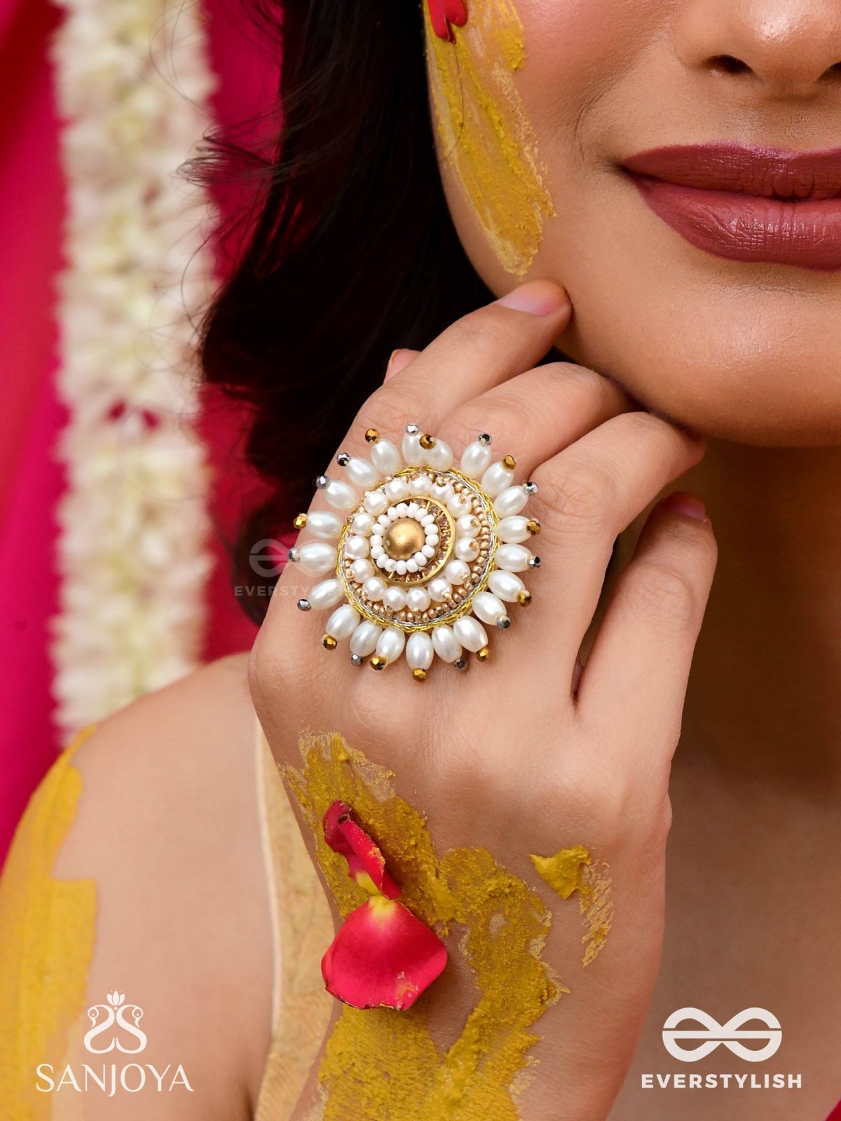 MOTISHOBHINI - THE PEARL RADIANCE - PEARLS AND BEADS EMBROIDERED RING (WHITE & GOLDEN)