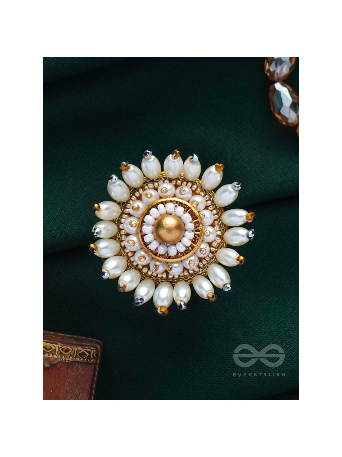 MOTISHOBHINI - THE PEARL RADIANCE - PEARLS AND BEADS EMBROIDERED RING (WHITE & GOLDEN)