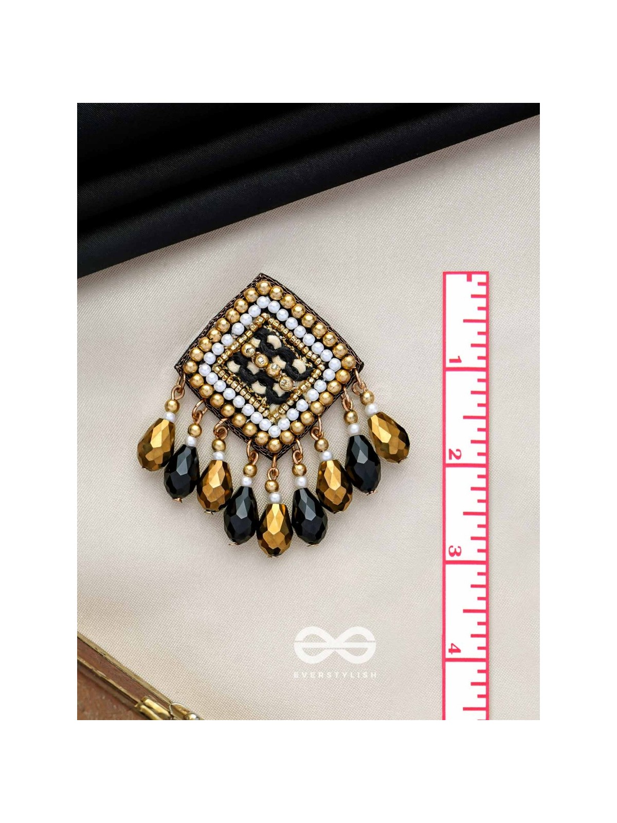 Kamagni - Fire Of Passion - Beads, Resham And Glass Drops Hand Embroidered Earrings (Black & Golden)