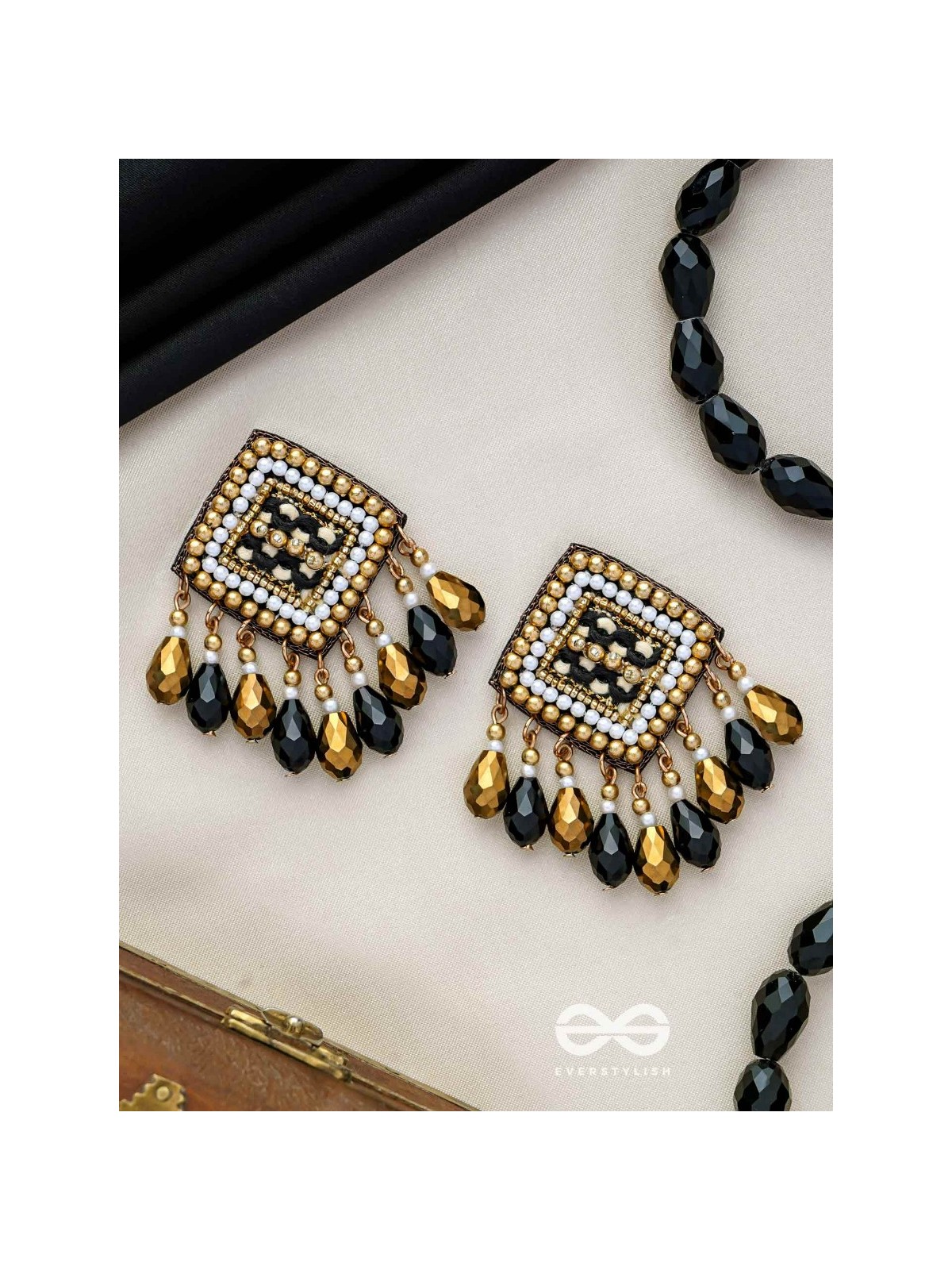 Kamagni - Fire Of Passion - Beads, Resham And Glass Drops Hand Embroidered Earrings (Black & Golden)