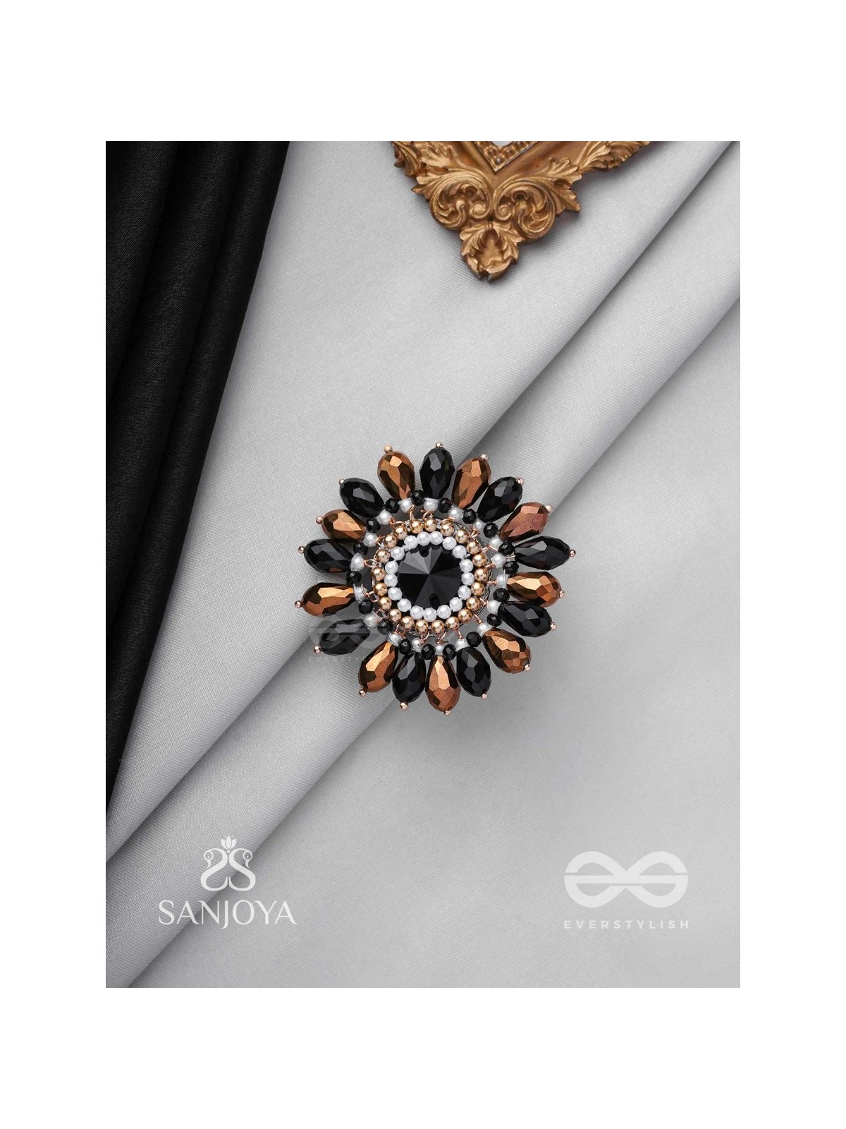 Aralu - Flower In Bloom - Beads, Stone And Glass Drops Hand Embroidered Adjustable Ring (Black & Golden)