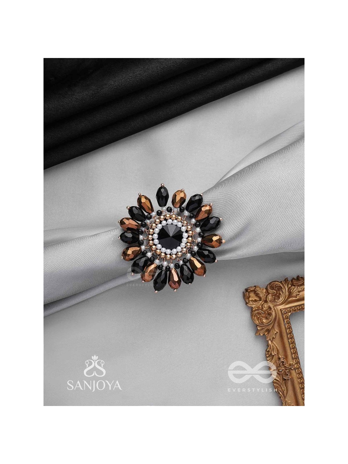 Aralu - Flower In Bloom - Beads, Stone And Glass Drops Hand Embroidered Adjustable Ring (Black & Golden)