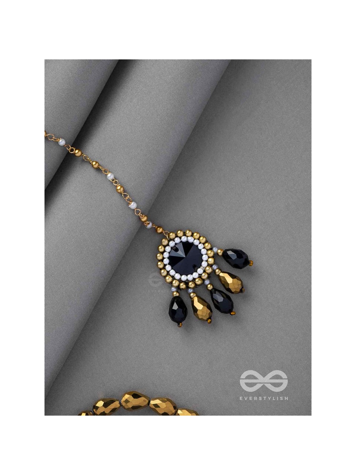 Angika - A Dramatic Sentiment - Stone, Beads And Glass Drops Hand Embroidered Maangtika