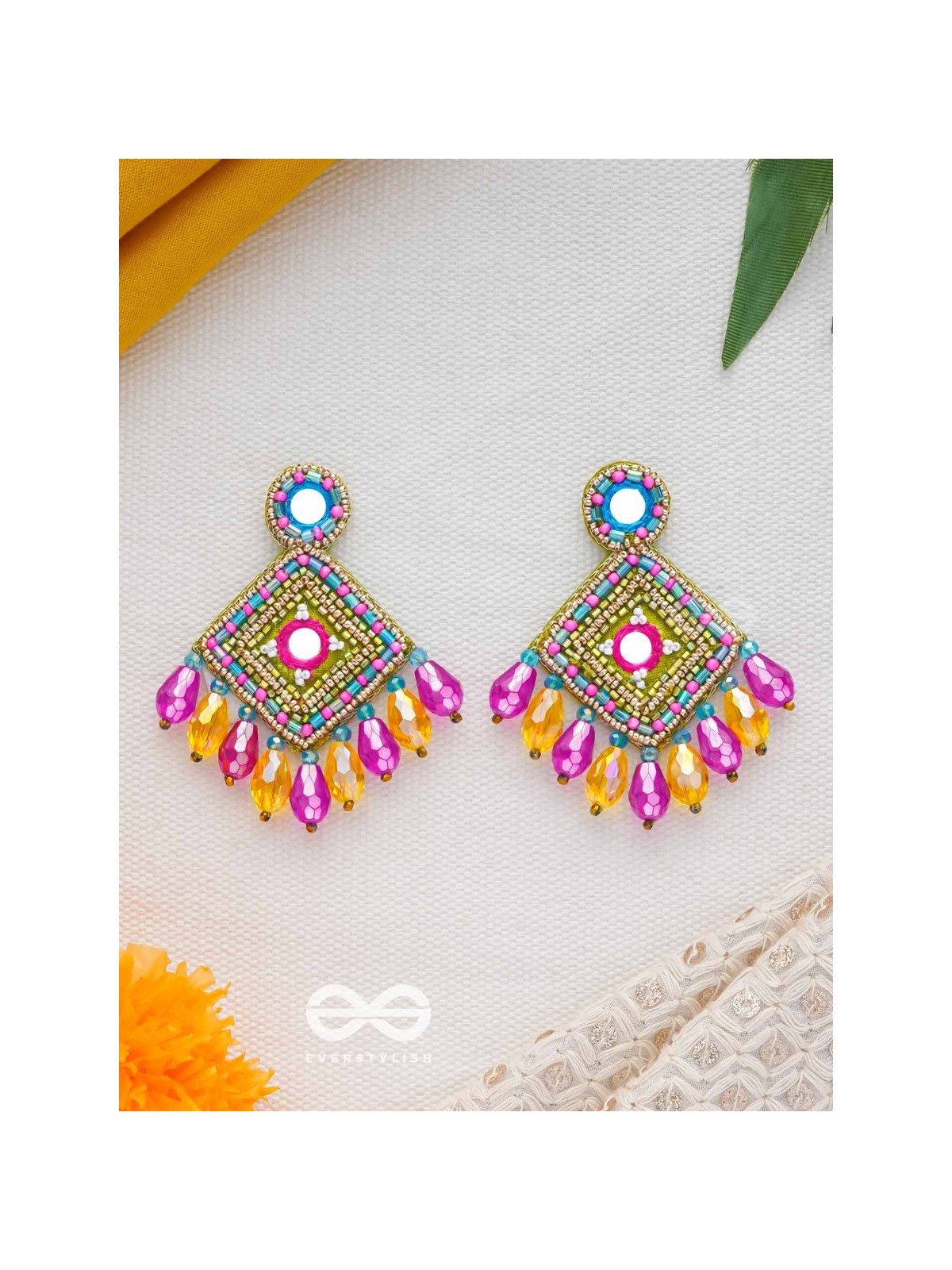 VARNARANGINI - COLORFUL BEAUTY - MIRROR, BEADS AND CUT DANA EMBROIDERED EARRINGS