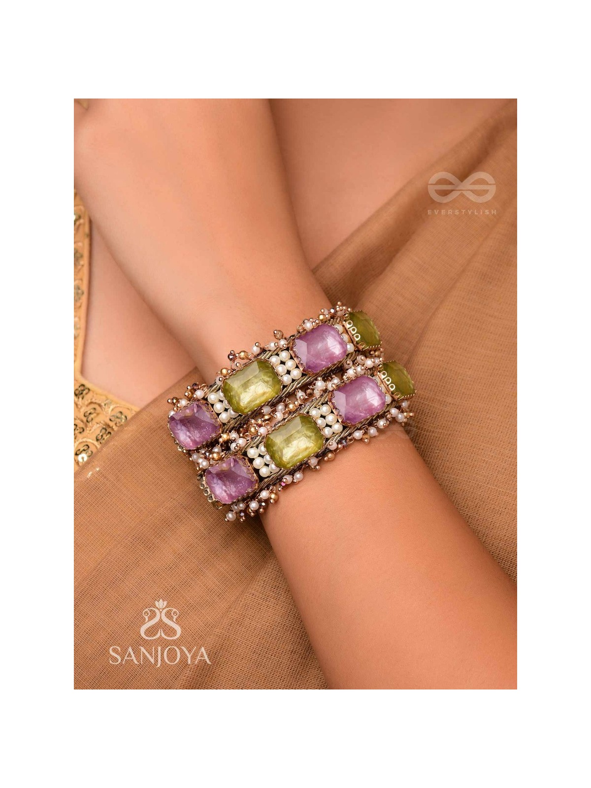 ANTIKA - FINELY MADE - STONE AND BEADS EMBROIDERED BANGLES (SET OF 2)