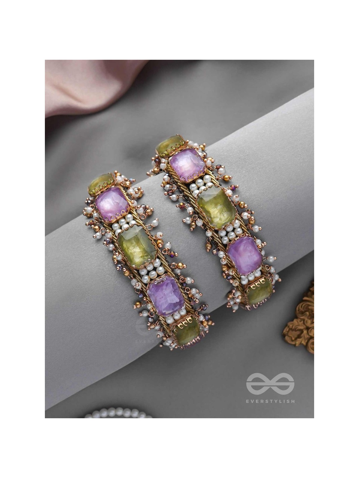 ANTIKA - FINELY MADE - STONE AND BEADS EMBROIDERED BANGLES (SET OF 2)