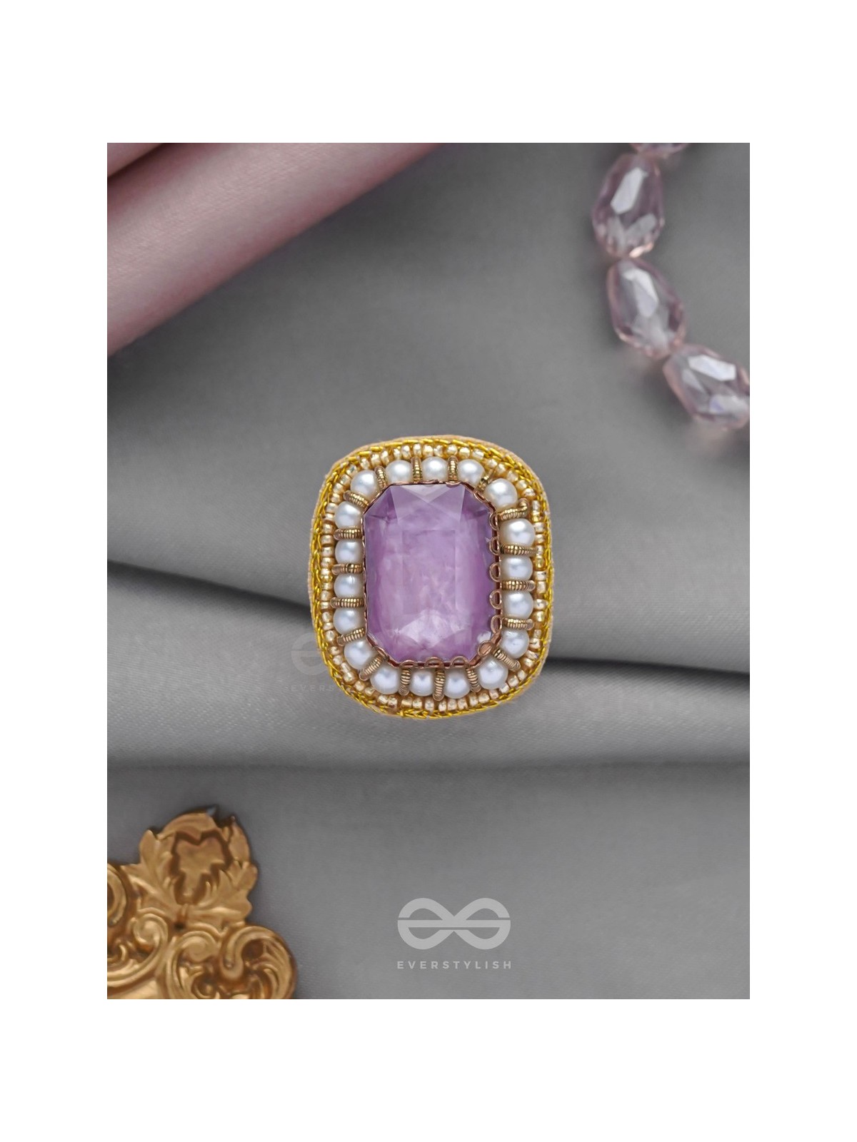 Prakdhipta - Studded With Stone - Stone And Pearls Hand Embroidered Stud Ring (Purple)