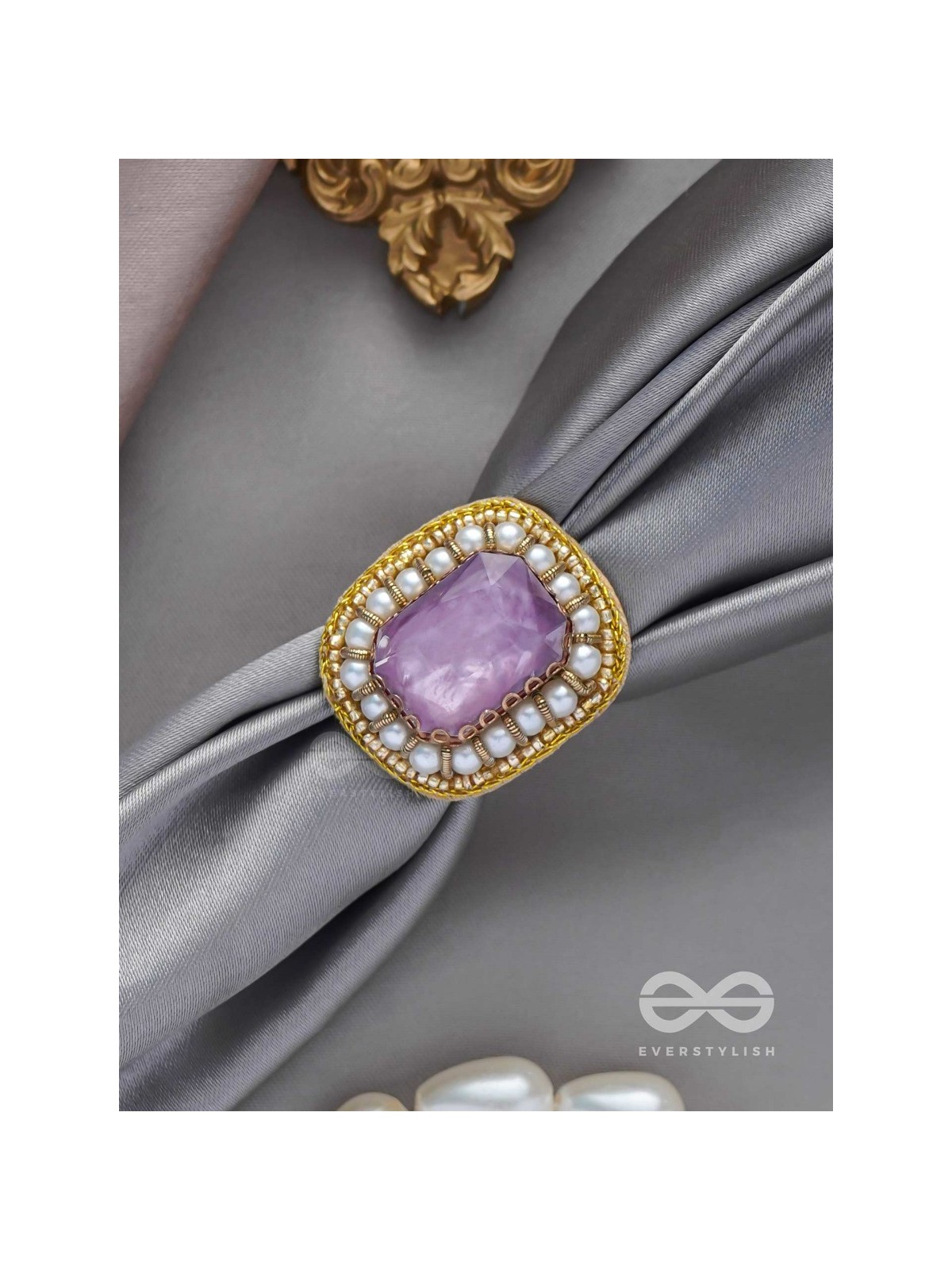 Prakdhipta - Studded With Stone - Stone And Pearls Hand Embroidered Stud Ring (Purple)