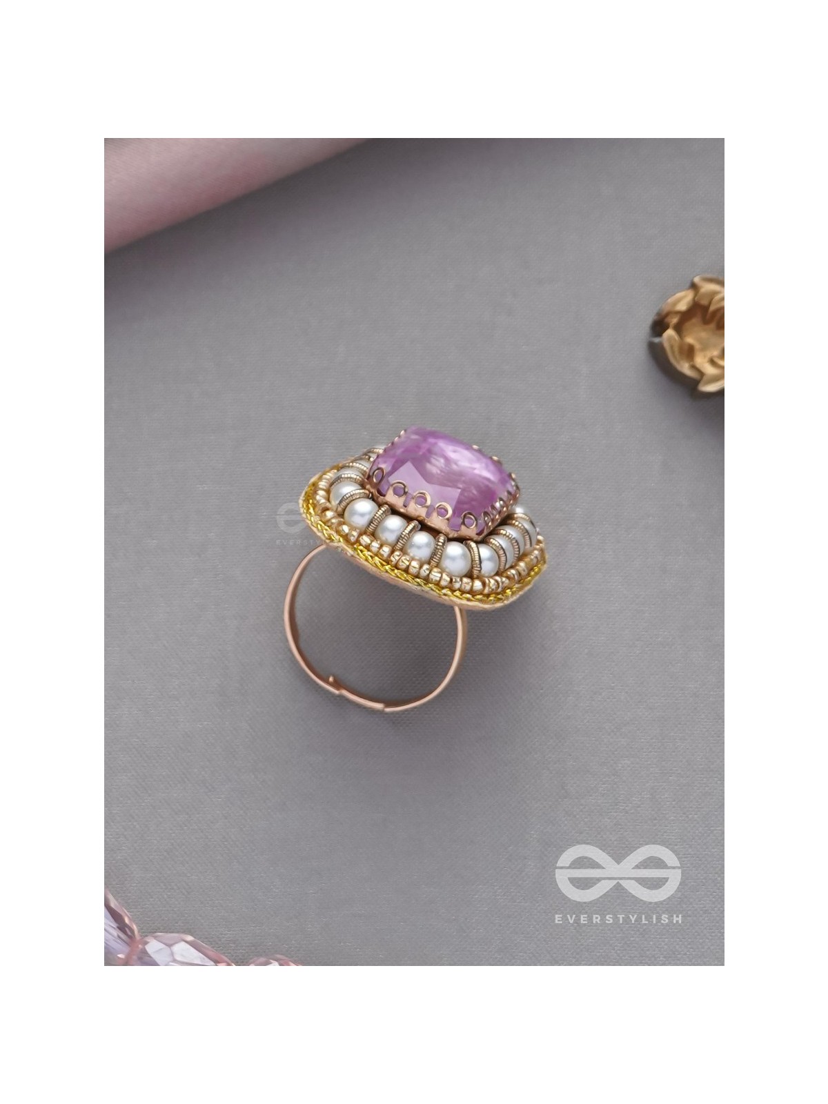 Prakdhipta - Studded With Stone - Stone And Pearls Hand Embroidered Stud Ring (Purple)
