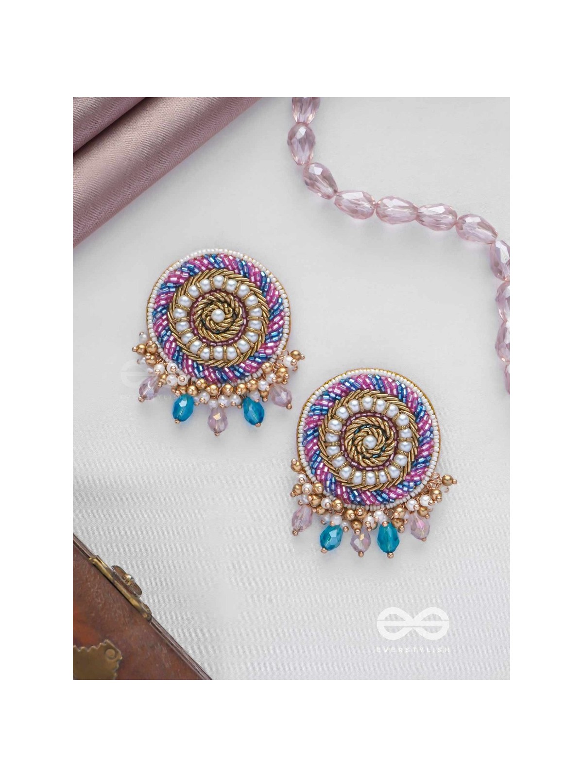 UDYATA- ROUNDABOUT RADIANCE - BEADS, PEARLS AND GLASS DROPS EMBROIDERED EARRINGS (MULTICOLOR)