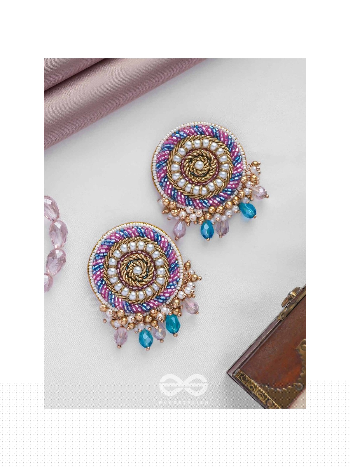 UDYATA- ROUNDABOUT RADIANCE - BEADS, PEARLS AND GLASS DROPS EMBROIDERED EARRINGS (MULTICOLOR)
