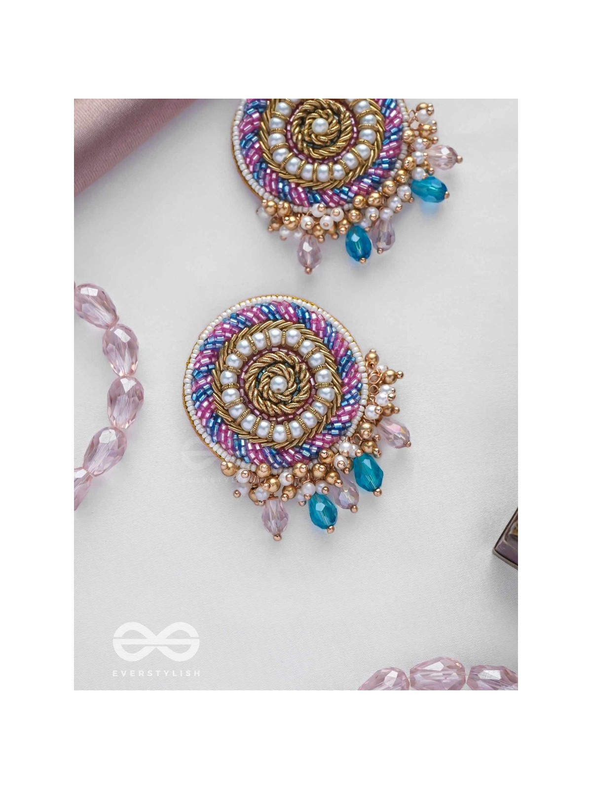 UDYATA- ROUNDABOUT RADIANCE - BEADS, PEARLS AND GLASS DROPS EMBROIDERED EARRINGS (MULTICOLOR)