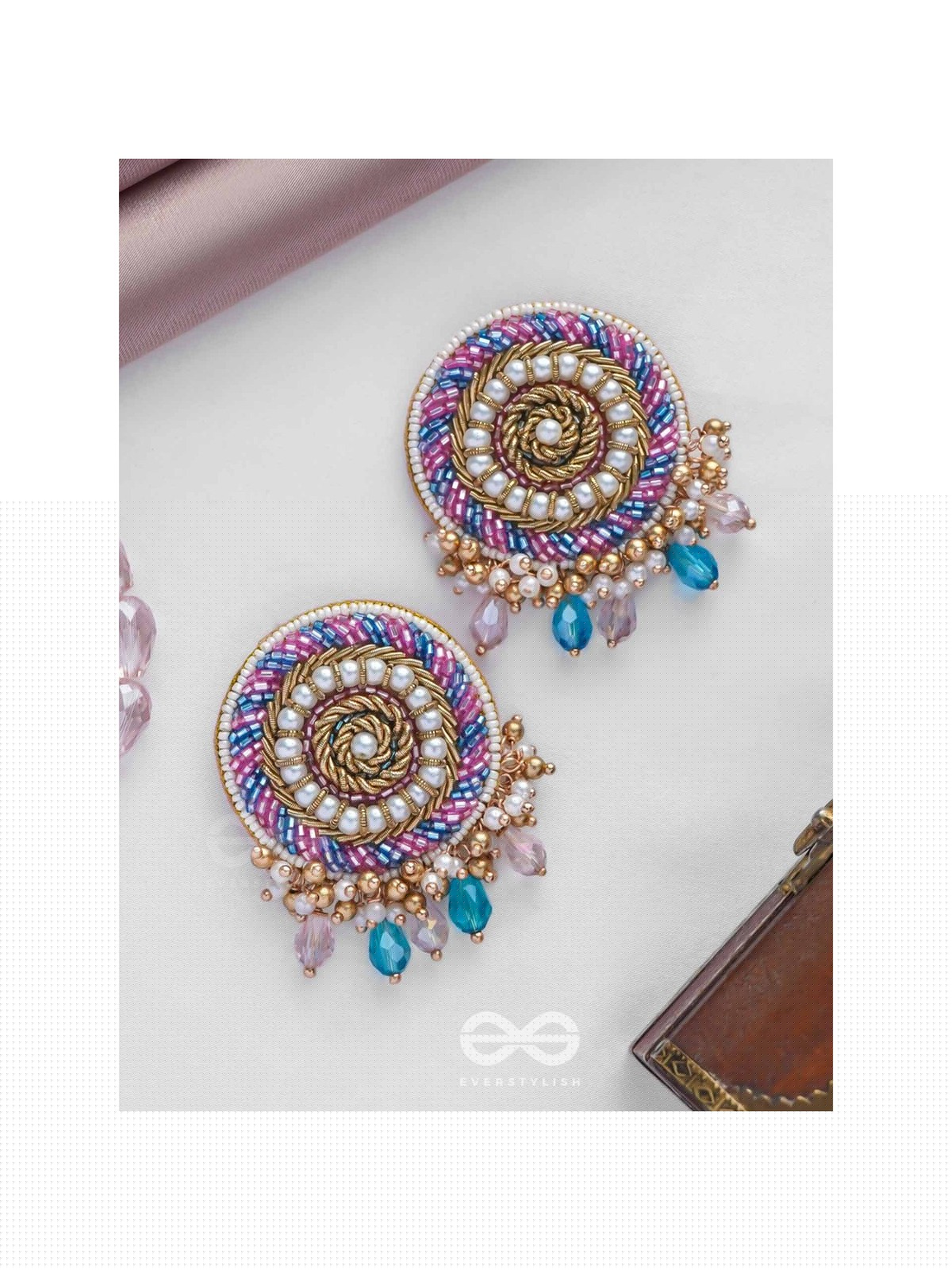 UDYATA- ROUNDABOUT RADIANCE - BEADS, PEARLS AND GLASS DROPS EMBROIDERED EARRINGS (MULTICOLOR)