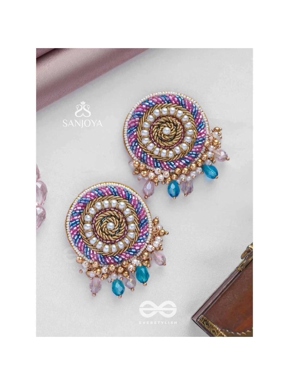 UDYATA- ROUNDABOUT RADIANCE - BEADS, PEARLS AND GLASS DROPS EMBROIDERED EARRINGS (MULTICOLOR)