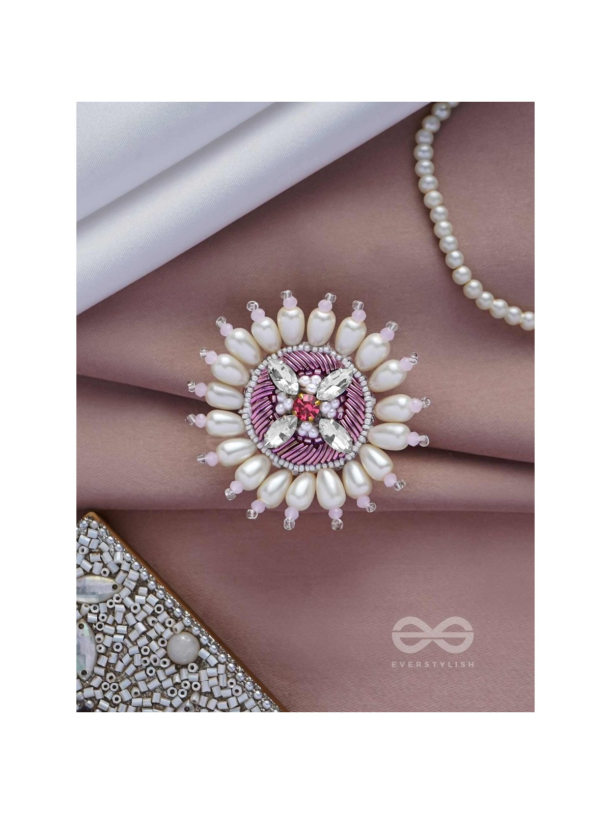 AGALITA - THE FLORAL UNVEILING- STONES AND PEARLS EMBROIDERED RING (PINK & WHITE)
