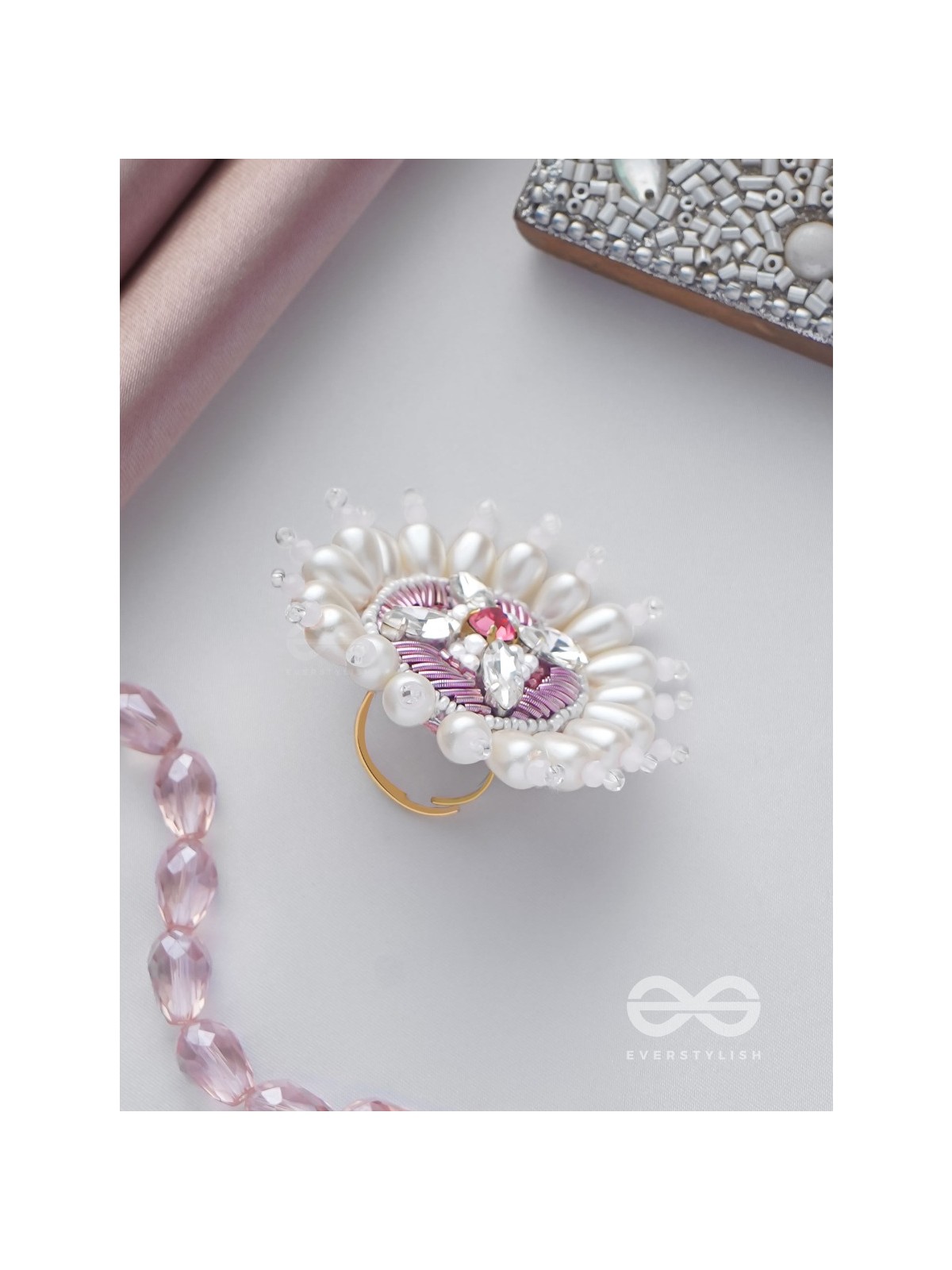 AGALITA - THE FLORAL UNVEILING- STONES AND PEARLS EMBROIDERED RING (PINK & WHITE)