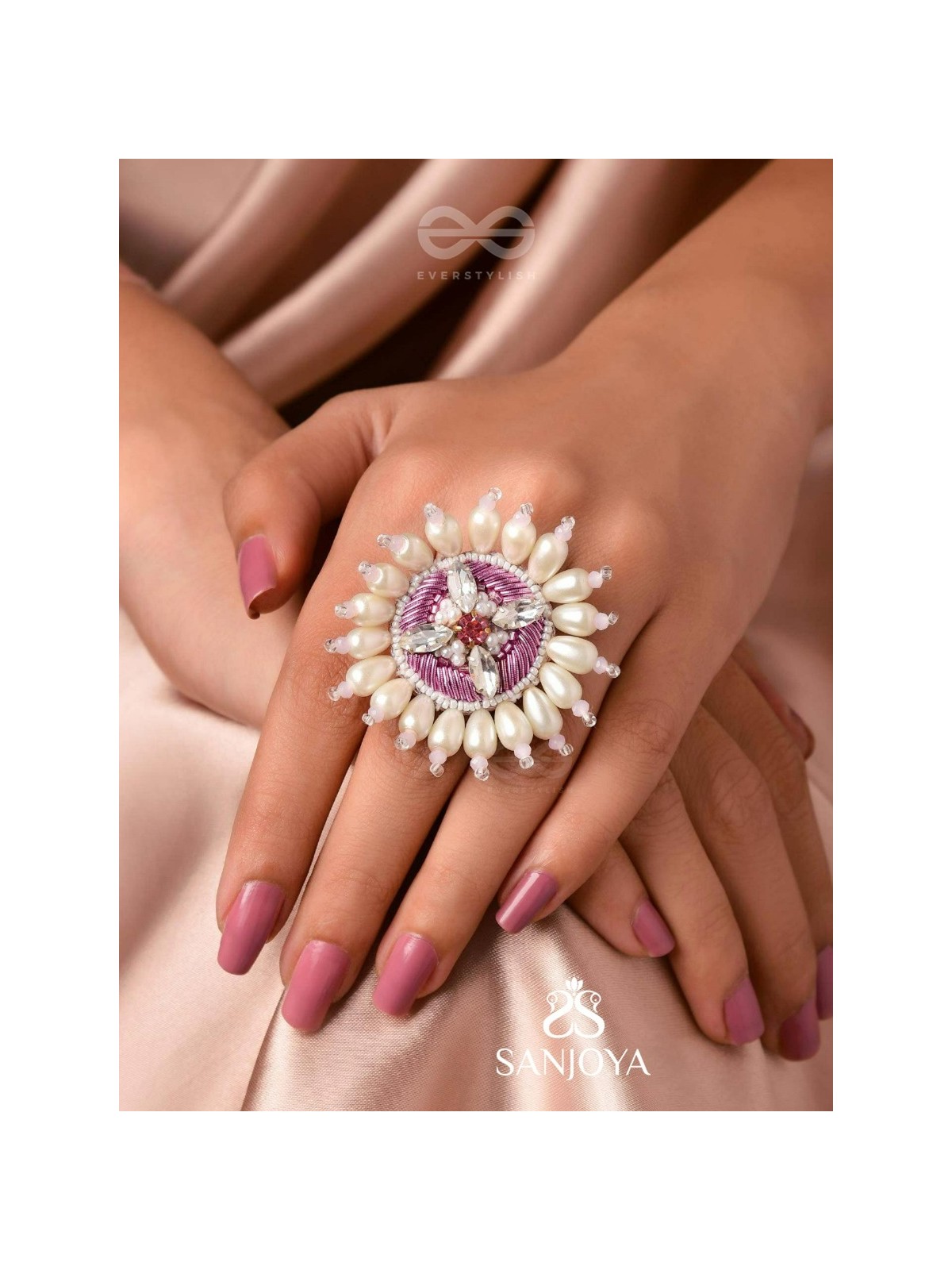 AGALITA - THE FLORAL UNVEILING- STONES AND PEARLS EMBROIDERED RING (PINK & WHITE)