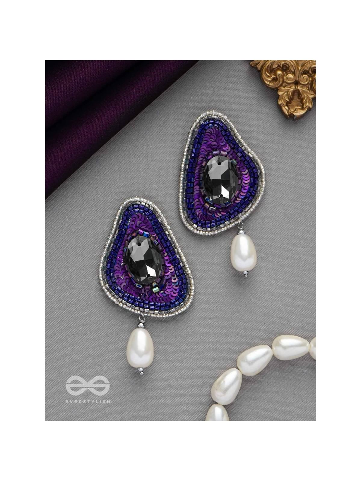VIRUPATA - THE FREE SPIRITED - STONE, CUT DANA, SEQUINS AND PEARL DROP EMBROIDERED EARRINGS (PURPLE)