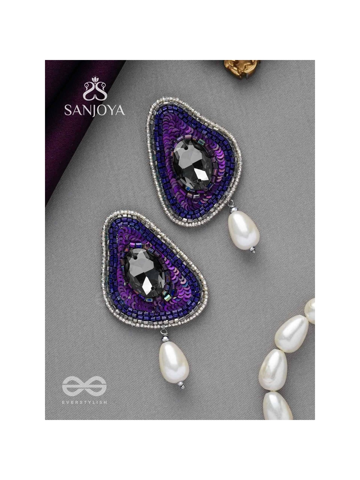 VIRUPATA - THE FREE SPIRITED - STONE, CUT DANA, SEQUINS AND PEARL DROP EMBROIDERED EARRINGS (PURPLE)