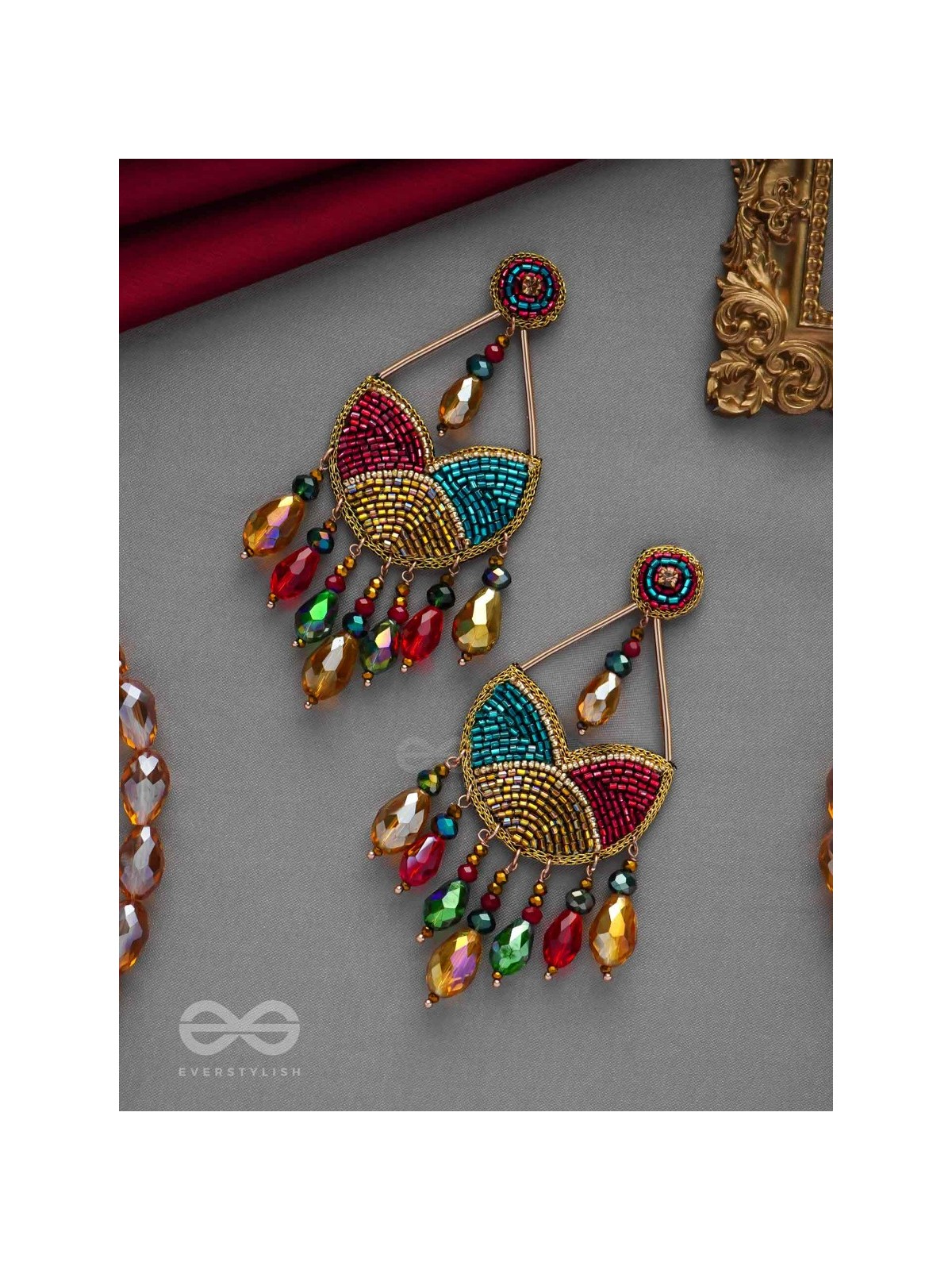 AMOHA - THE MESMERISING TWILIGHT - GLASS DROPS, STONE, CUTDANA AND BEADS EMBROIDERED EARRINGS (MULTICOLOR)
