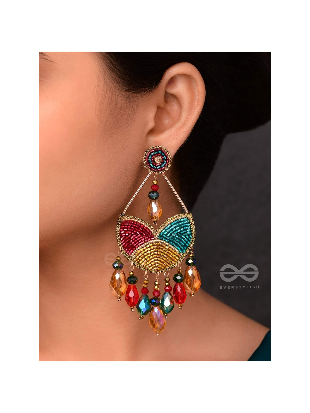 AMOHA - THE MESMERISING TWILIGHT - GLASS DROPS, STONE, CUTDANA AND BEADS EMBROIDERED EARRINGS (MULTICOLOR)