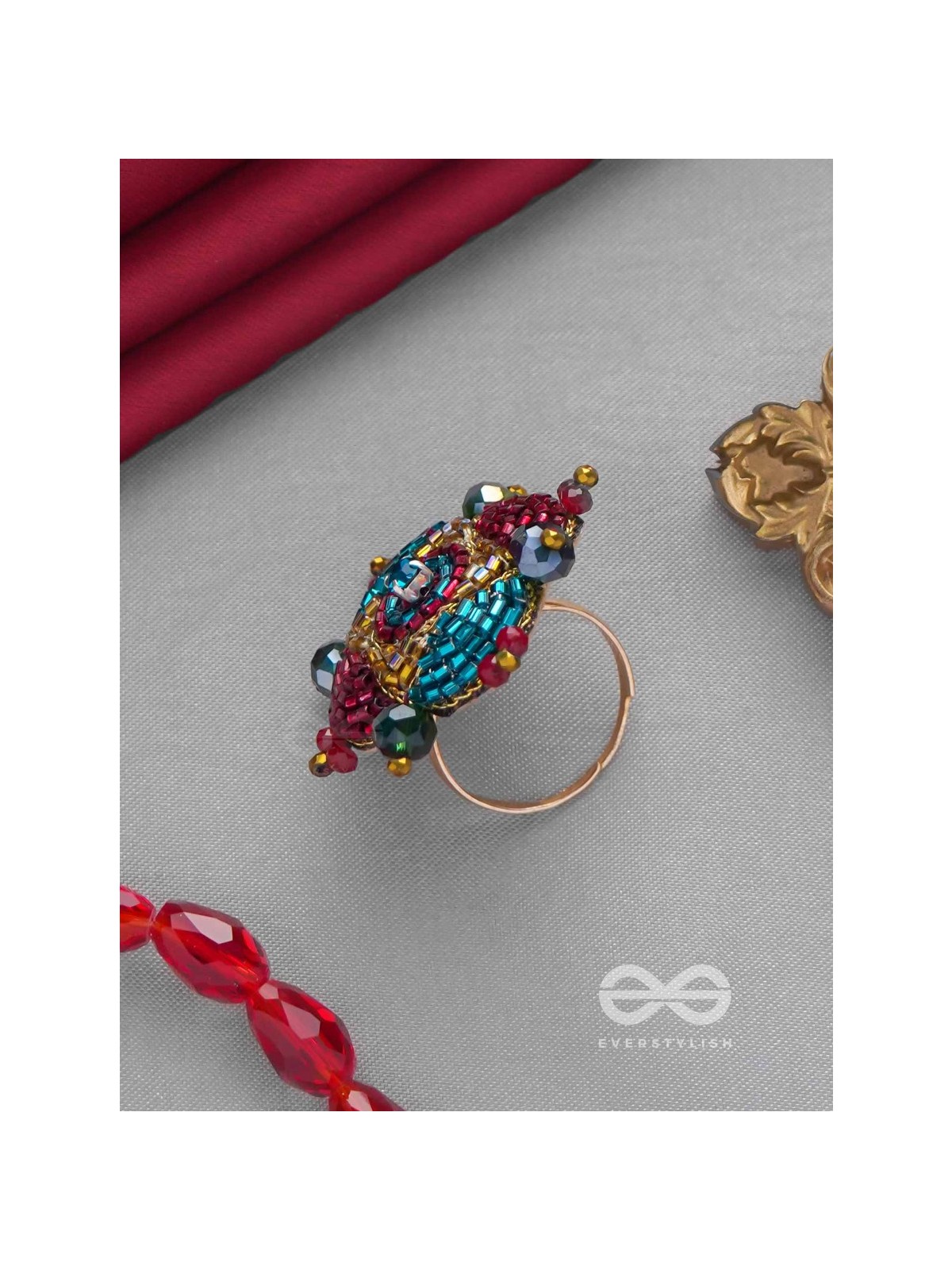 Vilasata - The Radiant Charm - Beads And Cutdana Hand Embroidered Ring
