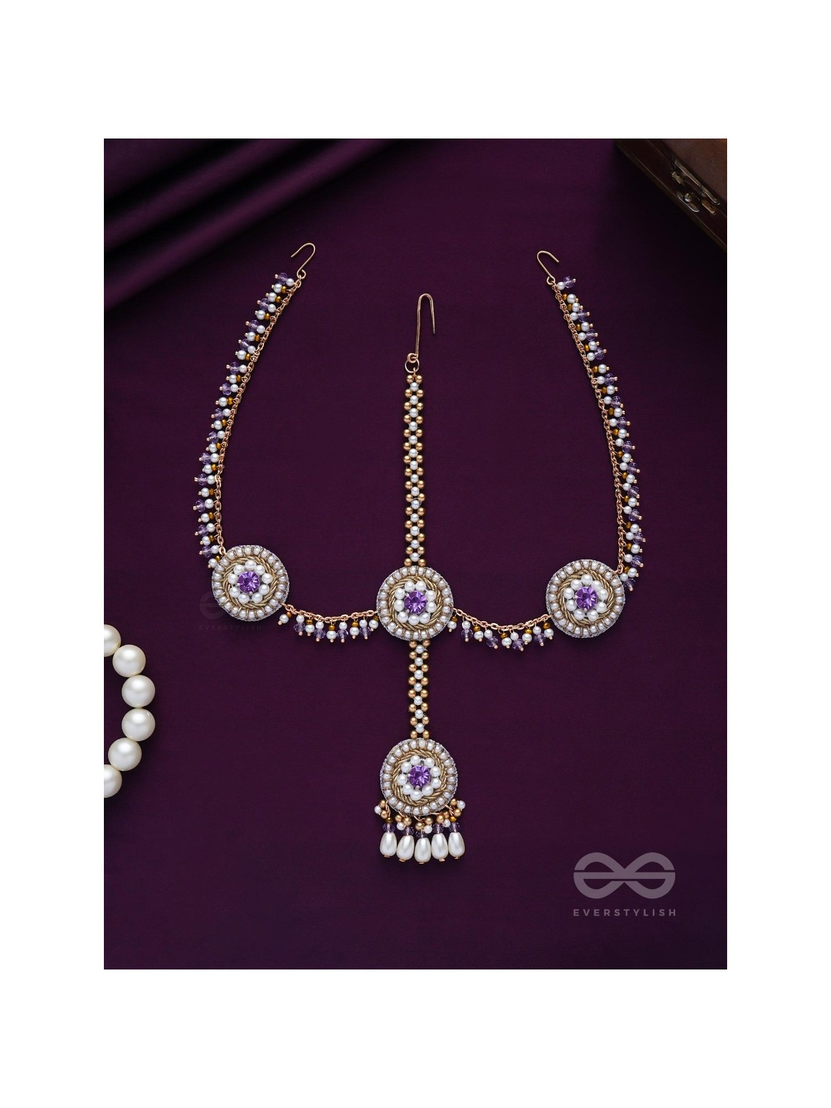 Kanichi - A Floral Blossom - Pearl Drops, Beads And Stone Hand Embroidered Maathapatti