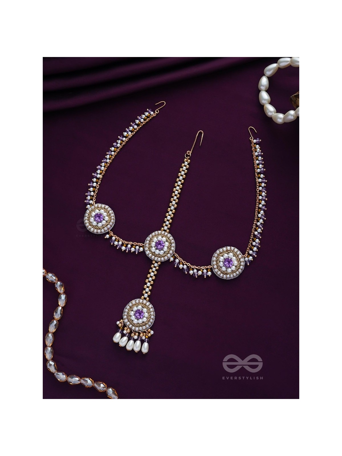 Kanichi - A Floral Blossom - Pearl Drops, Beads And Stone Hand Embroidered Maathapatti