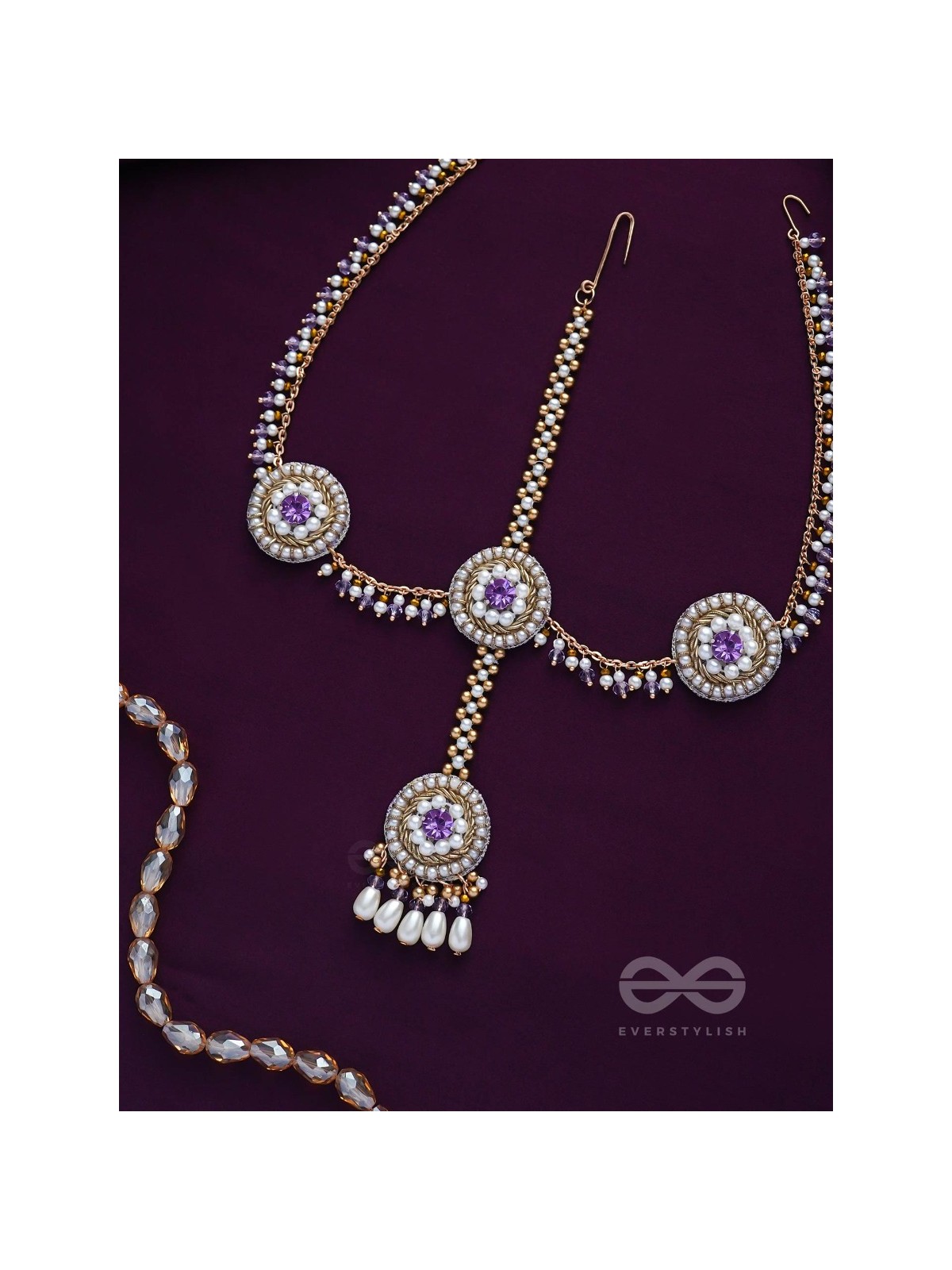 Kanichi - A Floral Blossom - Pearl Drops, Beads And Stone Hand Embroidered Maathapatti