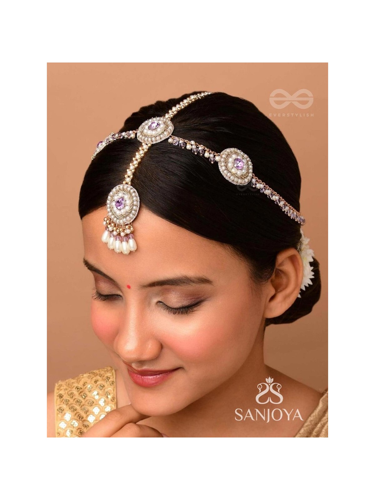 Kanichi - A Floral Blossom - Pearl Drops, Beads And Stone Hand Embroidered Maathapatti