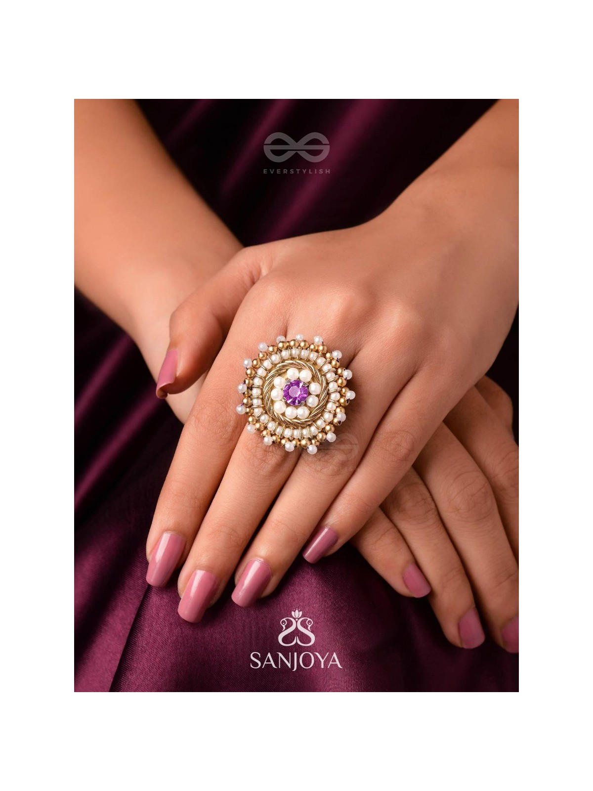 Kimbila - A Sweet Bud - Beads, Dabka And Stone Hand Embroidered Ring