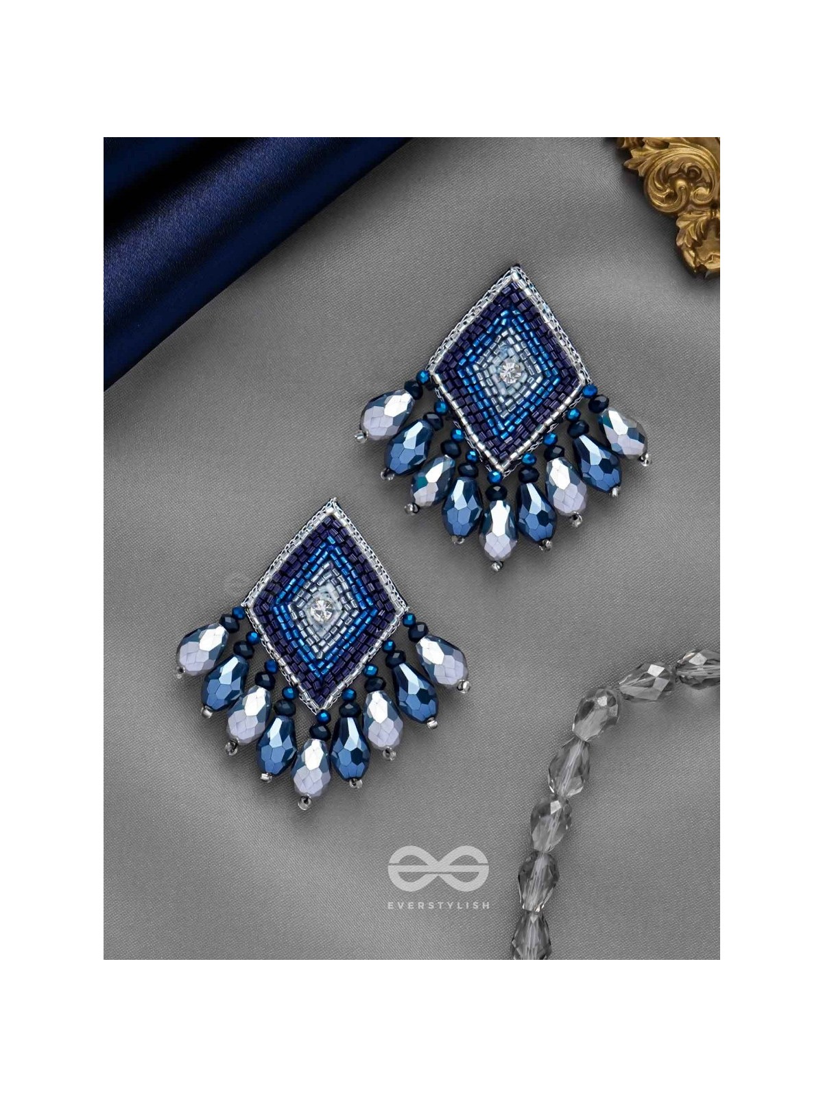 YASAS - THE ILLUMINATED FAME- STONE, CUT DANA AND GLASS DROPS EMBROIDERED EARRINGS (BLUE)