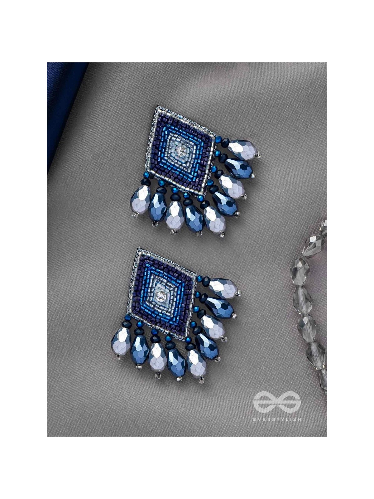 YASAS - THE ILLUMINATED FAME- STONE, CUT DANA AND GLASS DROPS EMBROIDERED EARRINGS (BLUE)