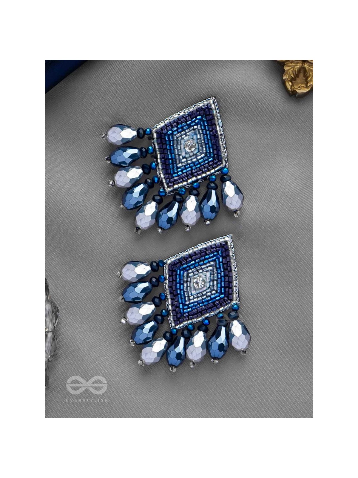 YASAS - THE ILLUMINATED FAME- STONE, CUT DANA AND GLASS DROPS EMBROIDERED EARRINGS (BLUE)