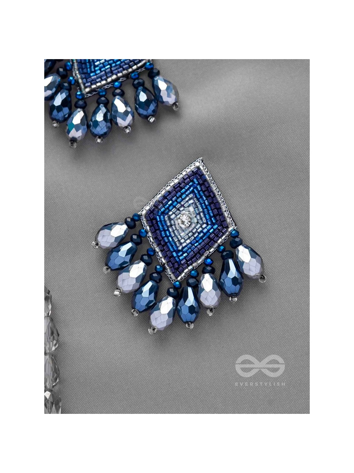 YASAS - THE ILLUMINATED FAME- STONE, CUT DANA AND GLASS DROPS EMBROIDERED EARRINGS (BLUE)
